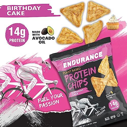 natural ENDURANCE Natural Endurance Protein Chips - Low Carb Chips, High Protein Snack, Vegan Protein with Avocado Oil, 14g Protein Per Bag, Gluten Free, Birthday Cake Flavor - 1.38 oz Bags (Pack of 12)