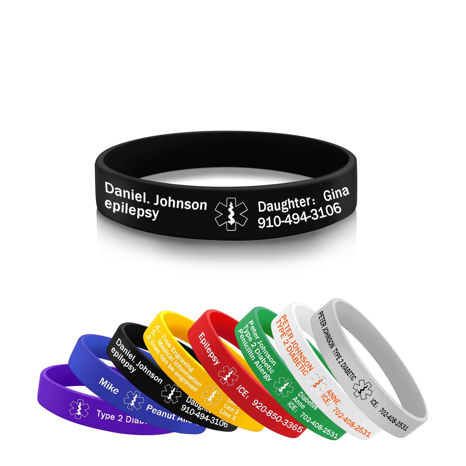 ORFANDE ORFANDE Medical Alert Bracelet Personalized Silicone Sport Emergency Wristband for Men and Women Custom Free Engraving Bracelet Unisex Waterproof ID Bracelet
