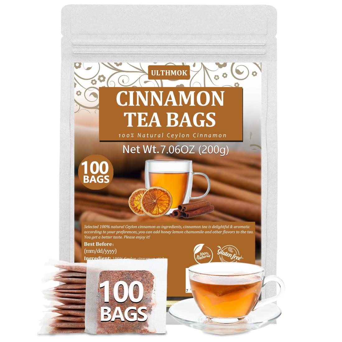 ULTHMOK Premium 100 Ceylon Cinnamon Tea Bags, Made with 100% Ceylon Cinnamon Sticks, No Additives & Caffeine Free.