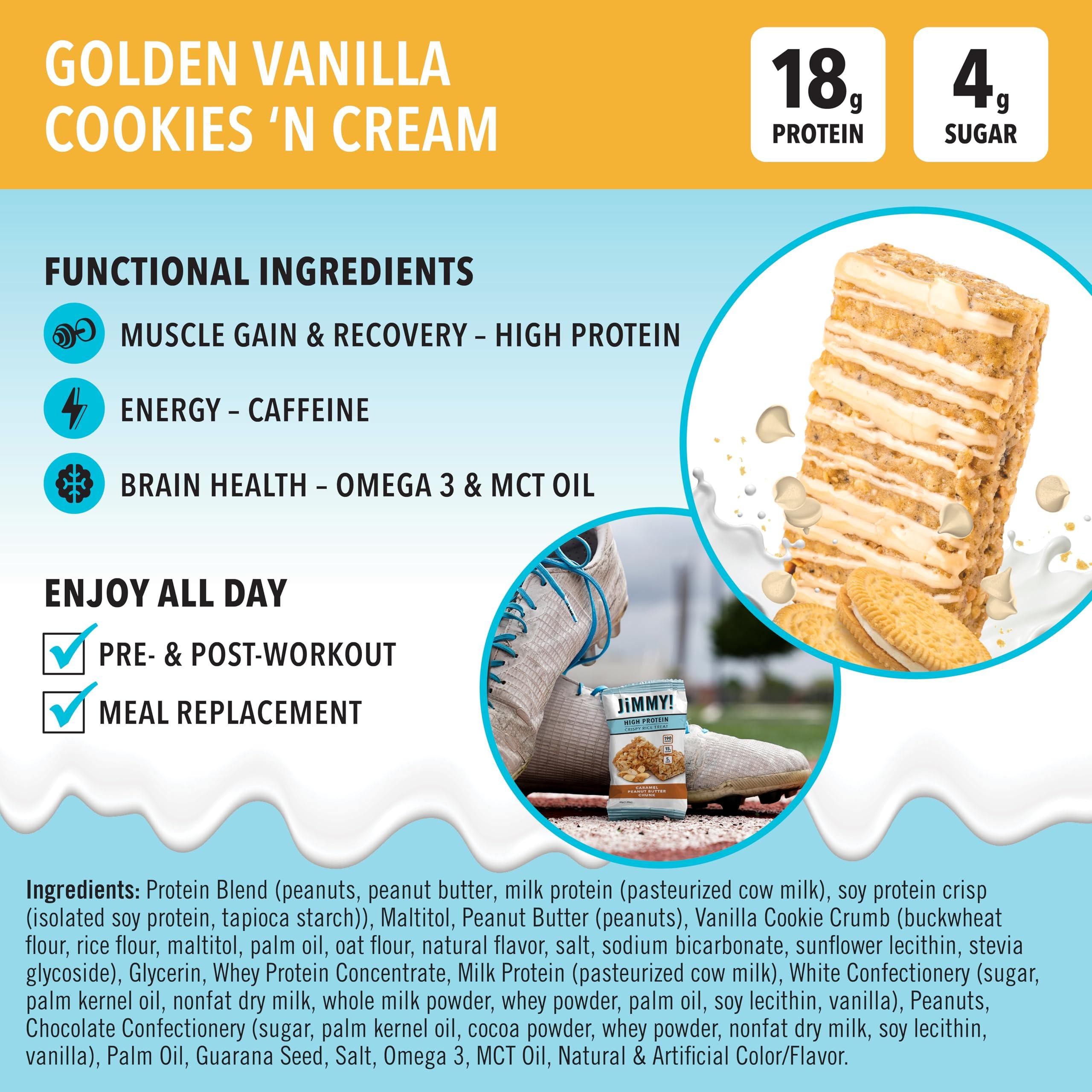 JIMMYBAR JiMMY\'S! Functional Protein Bars - Golden Vanilla Cookies and Cream -12 Count | 18g High Protein, Plant-Based Caffeine & Omega 3, Low Sugar, Gluten-Free, Energy Boosting