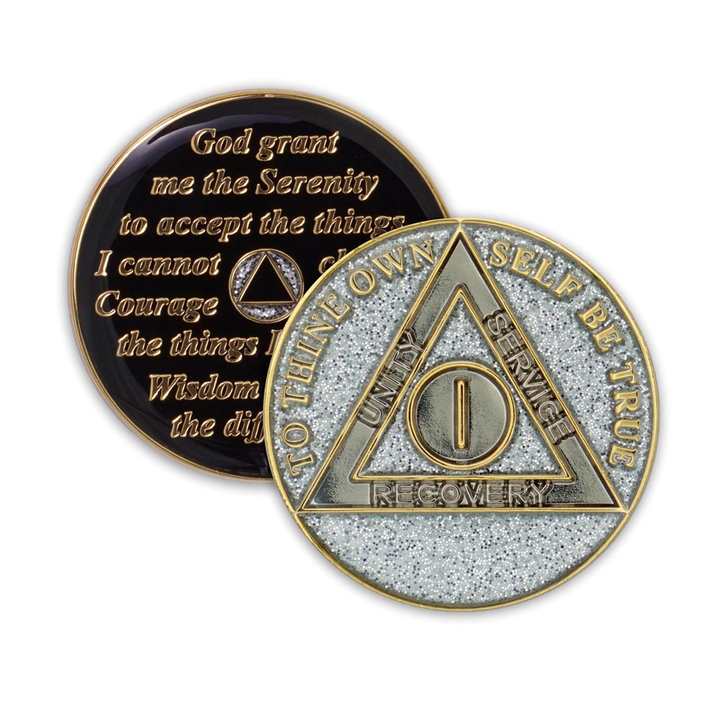 The Token Shop 1 Year Sobriety Coin | Glitter Triplate AA Chip Recovery Anniversary Token (Silver)
