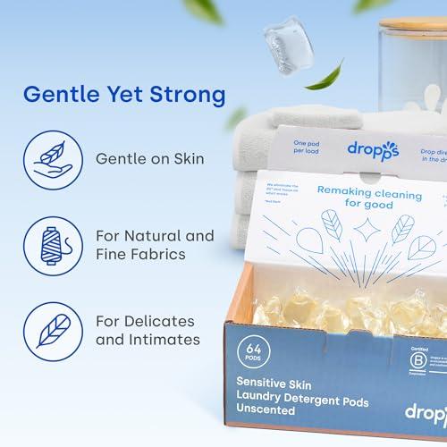 dropps Dropps Sensitive Skin Laundry Detergent Pods, Unscented (64 Tablets) - Dermatologist Tested Laundry Pods - HE Compatible Laundry Supplies for Clean Clothes, Vegan & Dye-Free