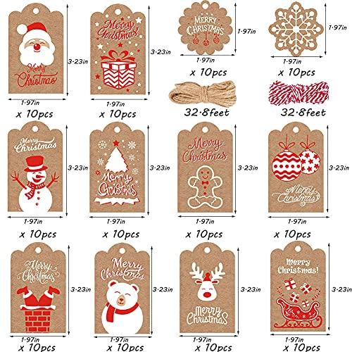 TrlaFy 120PCS Christmas Gift Tags Brown Kraft Paper Christmas Gift Tags Hanging Name Tags Labels with Twine String for Christmas Gift Wrap, DIY Arts and Crafts, Wedding