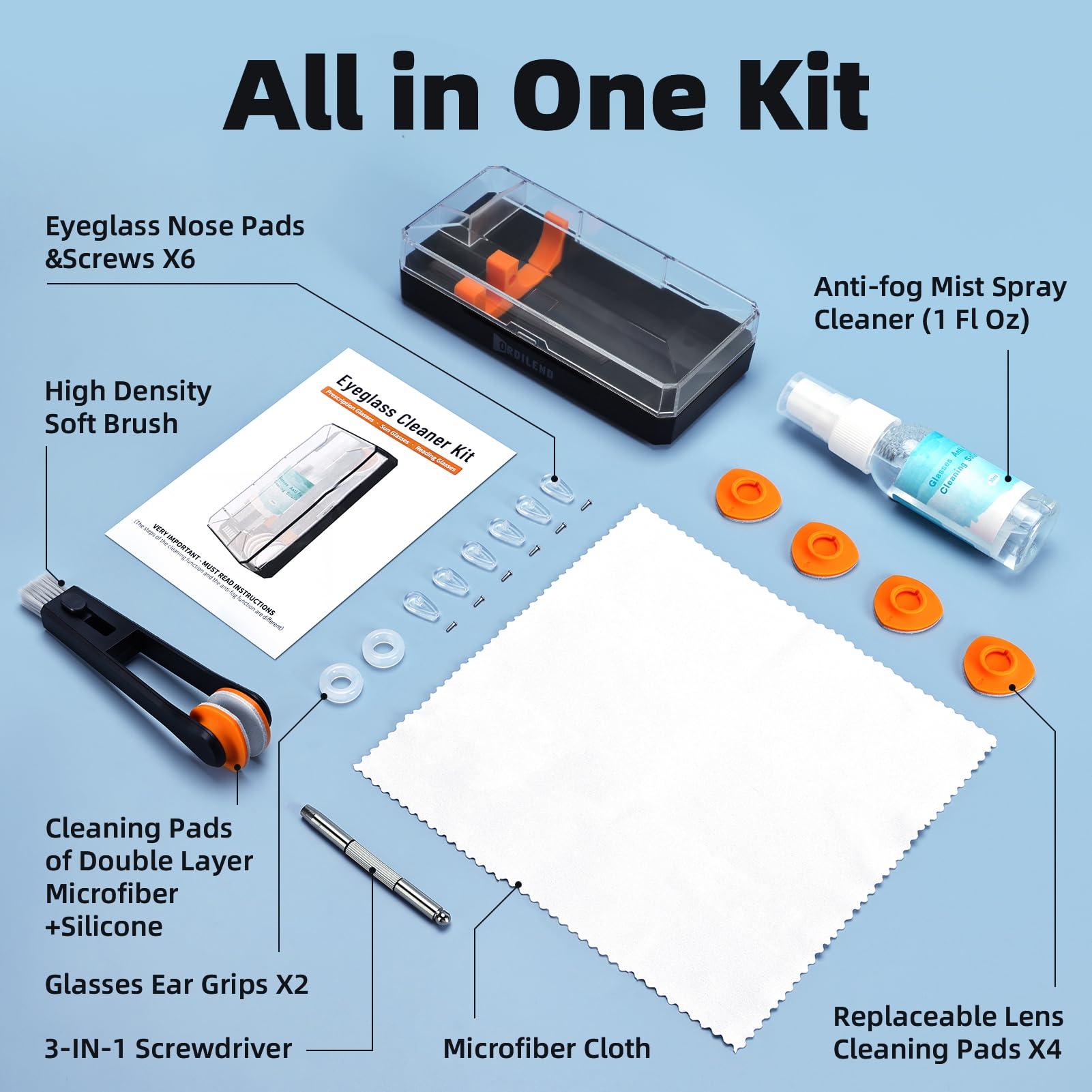 Ordilend Ordilend Glasses Cleaner Eyeglass Cleaner Kit, Glasses Cleaning Kit Anti Fog Lens Cleaning Spray with Microfiber Cloth, Portable Eyeglass Repair Tool with Screws Screwdriver, Nose Pads, Ear Grip