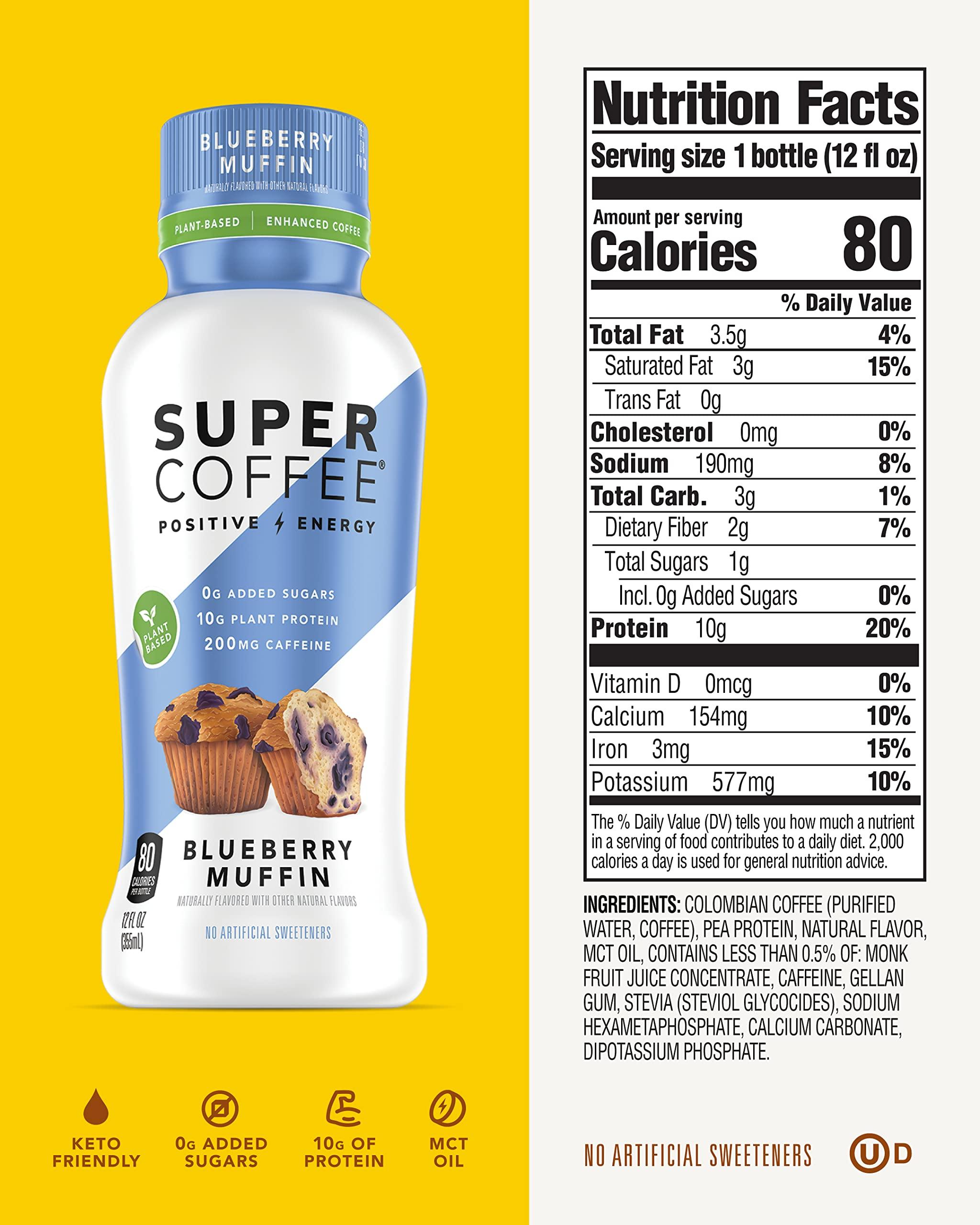Super Coffee Super Coffee, Plant Based Keto Protein Coffee (0g Added Sugar, 10g Pea Protein, 80 Calories) [Blueberry Muffin] 12 Fl Oz, 6 Pack | Iced Smart Coffee Drinks