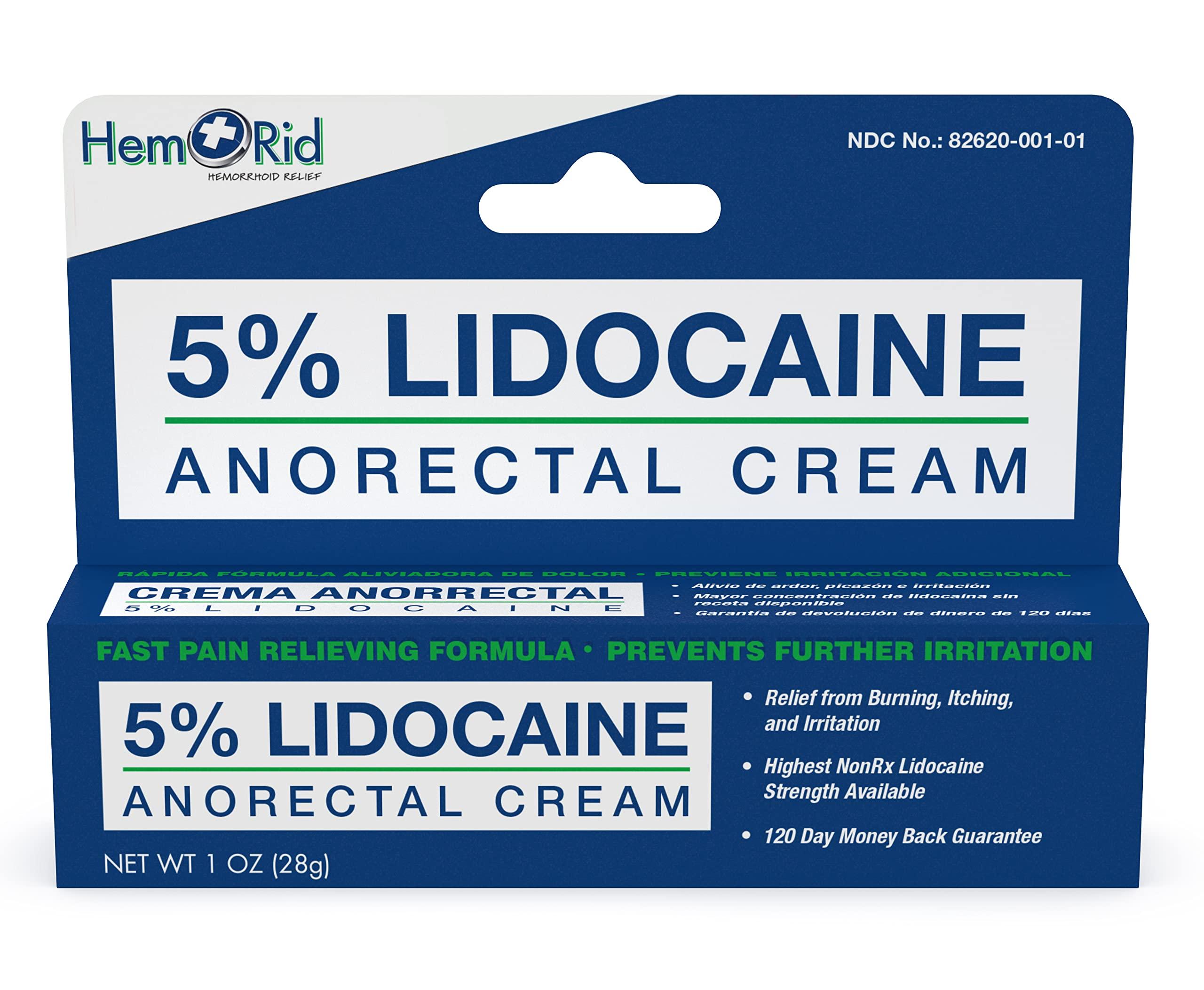 HemRid Maximum Strength Lidocaine Cream for Pain Management. Fast-Acting Hemorrhoid Solution with 5% Lidocaine. Instant Anal Itch and Numbing Effect