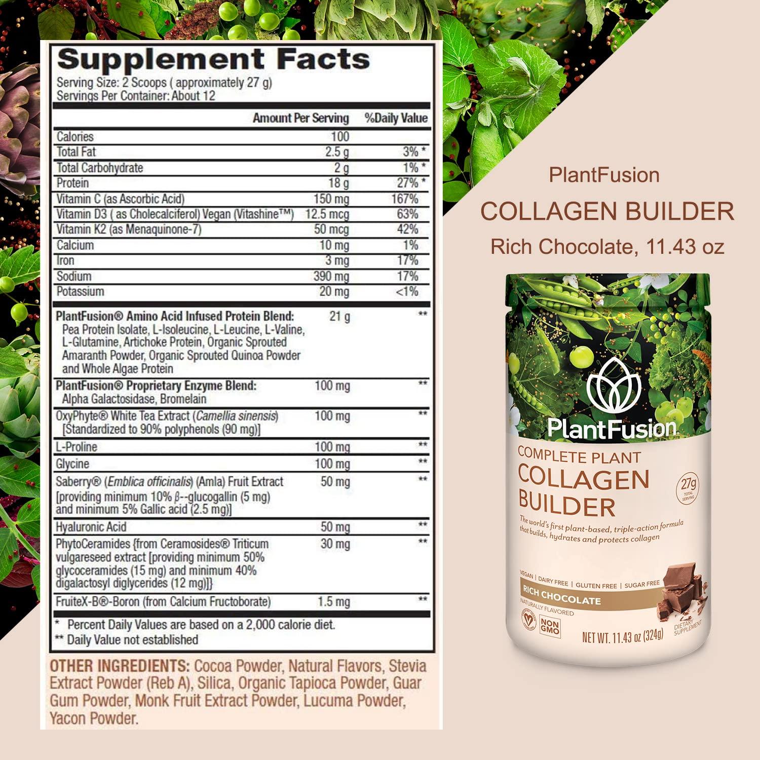 PlantFusion PlantFusion Vegan Collagen Powder - Plant Based Collagen Protein Powder For Muscle & Joints, Hair, Skin & Nails - Keto, Gluten Free, Soy Free, Non-Dairy, No Sugar, Non-GMO - Chocolate 11.43 oz