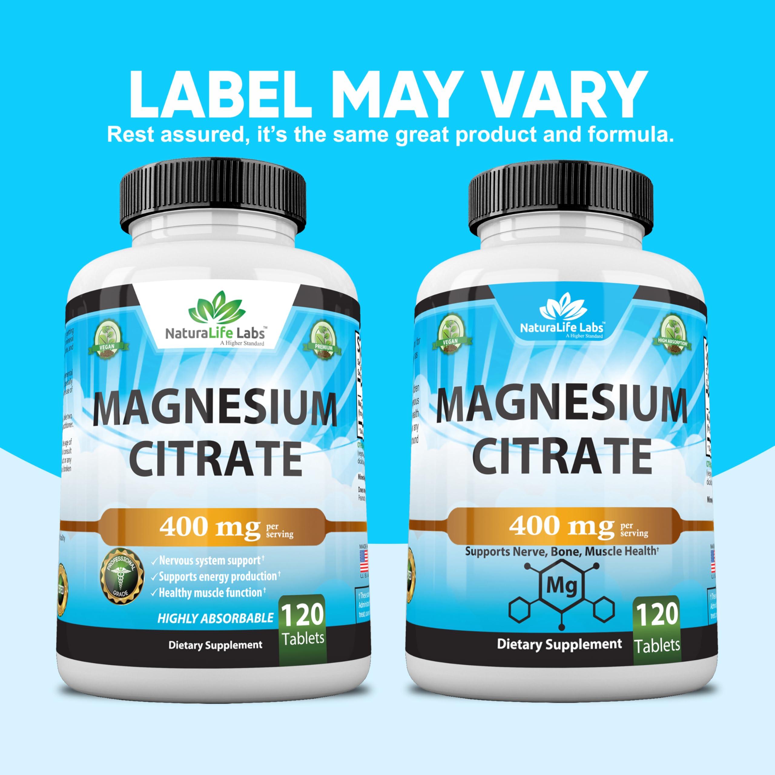 NaturaLife Labs Magnesium Citrate 400 mg - High Potency Elemental Magnesium Essential Mineral for Heart, Muscle, & Digestion Support Non-GMO - 120 Tablets