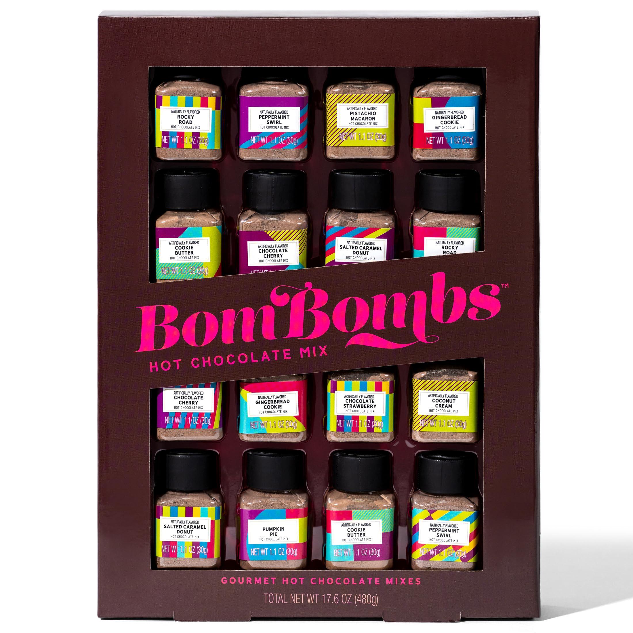 Thoughtfully BomBombs, Hot Chocolate Mix Gift Set in Mini Bottles, Flavors Include Rocky Road, Pumpkin Pie, Chocolate Cherry, Peppermint Swirl, Salted Caramel Donut & More, Sampler Set of 16