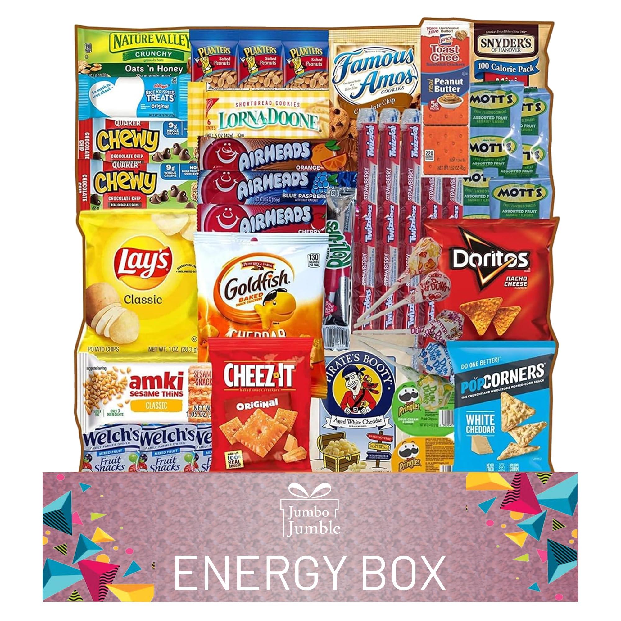 JUMBO JUMBLE Jumbo Jumble Snack Box (45 Count) Gift Care Package Snacks Variety Pack for Adults Teens Kids Men Women School College Office Birthday (Energy Set)