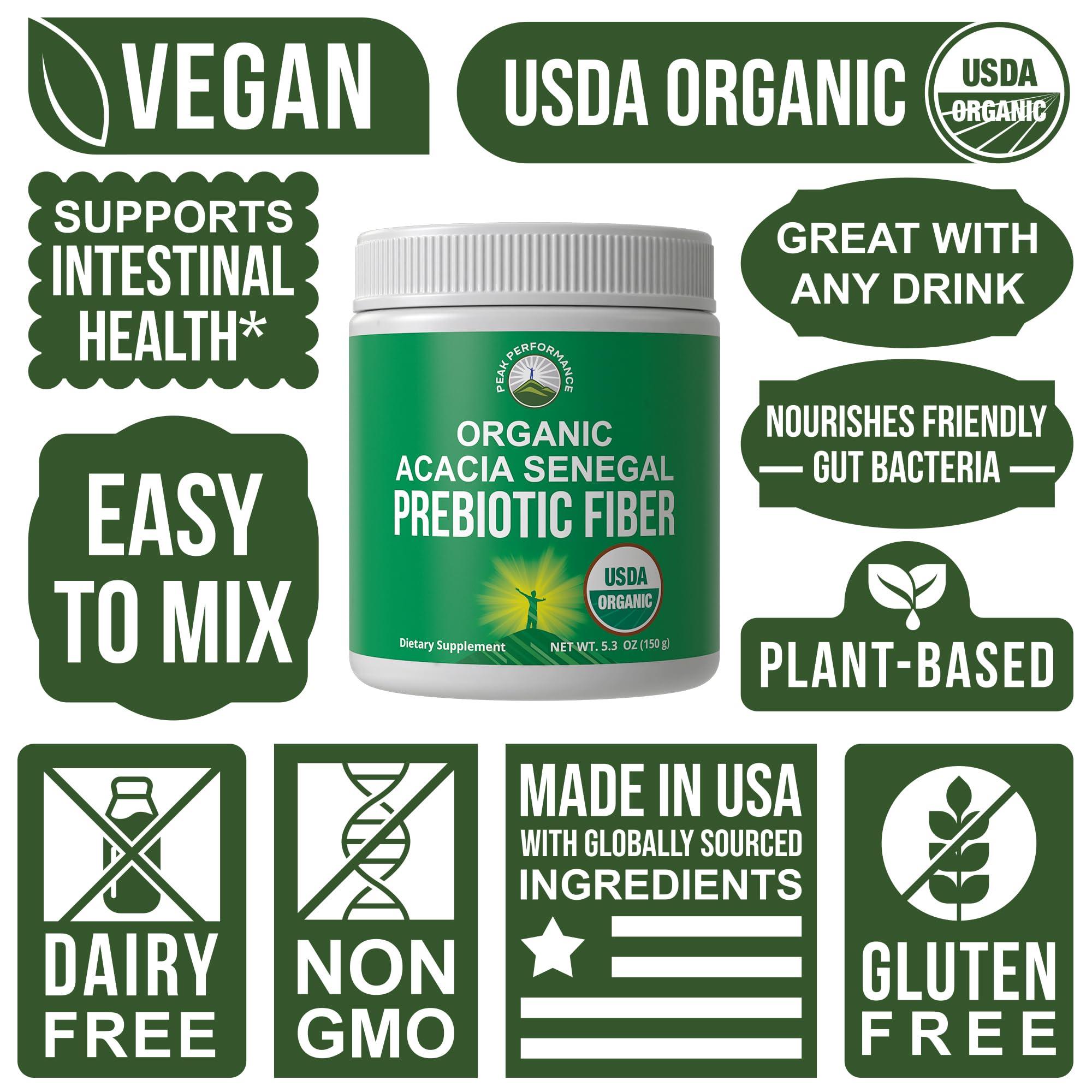 Peak Performance Organic Acacia Senegal Prebiotic Fiber Powder. Unflavored USDA Organic Plant Based Soluble Vegan Prebiotics Gut Health Supplement With Digestive Enzymes. HSA + FSA Eligible Vitamins Only List Approved