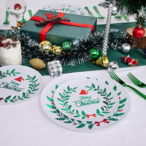 DaYammi DaYammi 60 PCS Christmas Plates White and Green Plastic Plates Red and Green Christmas Disposable Party Plates Include: 30 Christmas Dinner Plates 10.25\", 30 Dessert Plates 7.5\" for Christmas Party