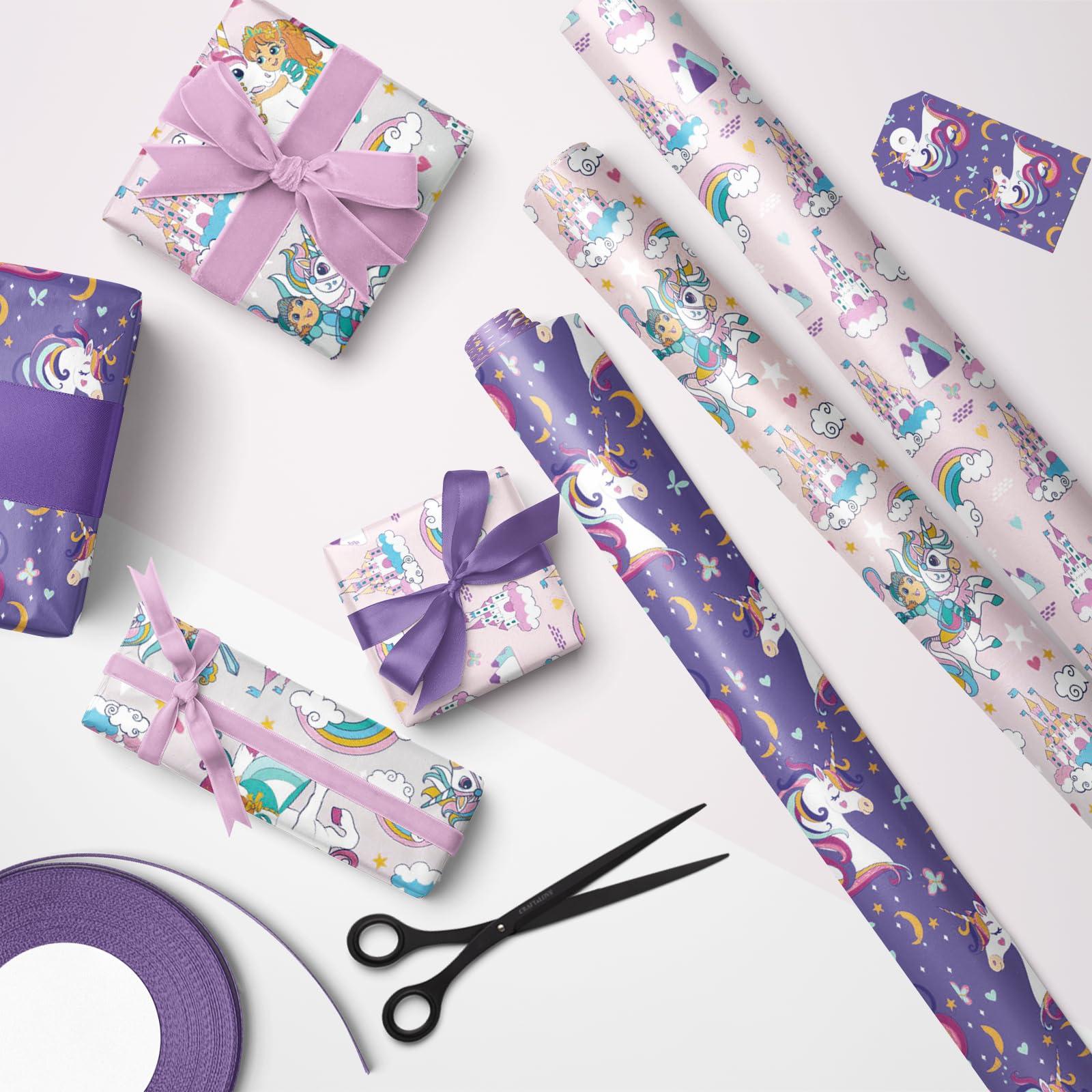 LeZakaa LeZakaa Unicorn Birthday Wrapping Paper Roll for Kids Girls Women, Purple Unicorn Wrapping Paper Rolls, Castle & Rainbow Gift Wrap for Birthday, Baby Shower Party Favor, 17 x 120 inches, 3 Rolls