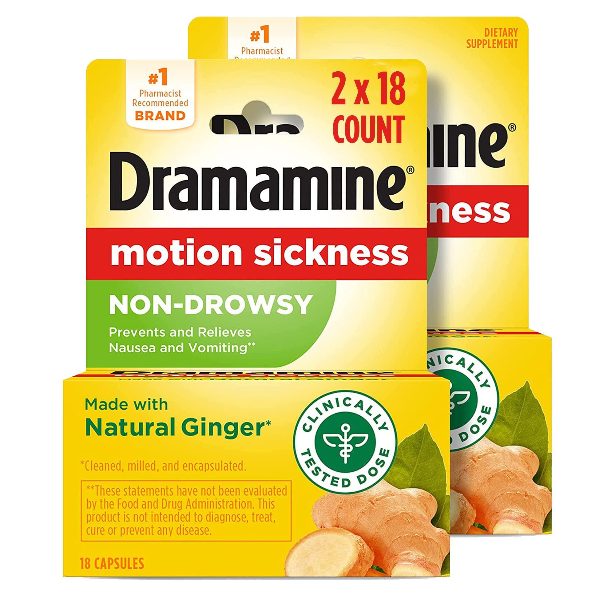 Dramamine Dramamine Non-Drowsy, Motion Sickness Relief, Made with Natural Ginger, 18 Count, 2 Pack & Motion Sickness Relief Less Drowsey Formula, 8 Count