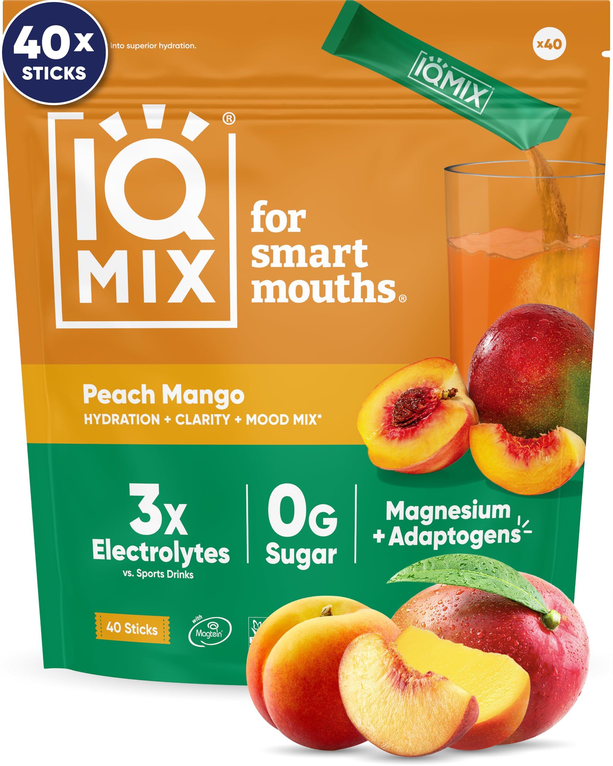 IQBAR IQMIX Hydration Electrolytes Powder - Sugar-Free Drink Mix Packets - Rehydration and Recovery - Keto-Friendly with Magnesium L-Threonate, Lion's Mane, Potassium Citrate - Peach Mango (40 Count)