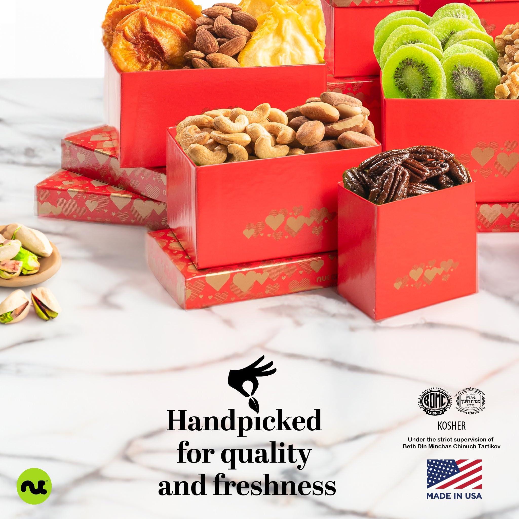 Nut Cravings NUT CRAVINGS Gourmet Collection - Valentines Day Dried Fruit & Mixed Nuts Gift Basket Red Tower + Heart Ribbon (12 Assortments) Galentines Arrangement Platter, Healthy Kosher USA Made Corporate