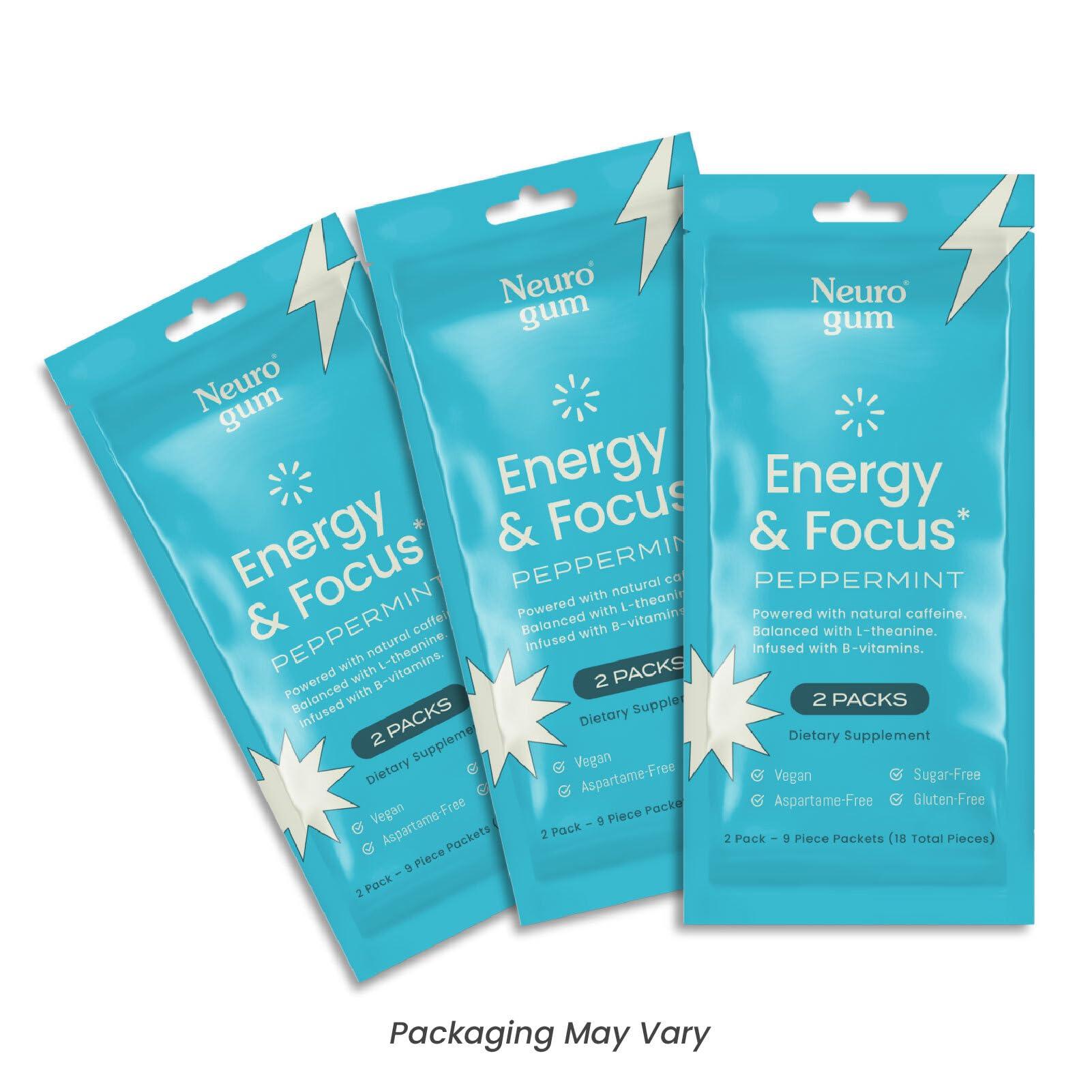 NeuroGum NeuroGum Energy Caffeine Gum (54 Pieces) - Sugar Free with L-theanine + Caffeine + Vitamin B12 & B6 - Nootropic Energy & Focus Supplement for Women & Men - Peppermint Flavor (Packaging May Vary)