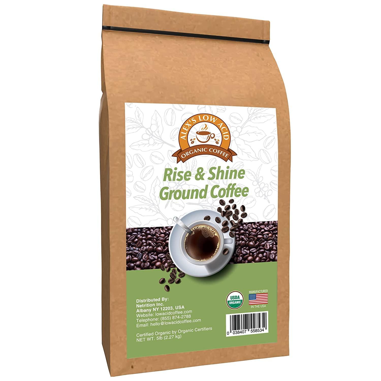 ALEX'S LOW ACID ORGANIC COFFEE Alex's Low Acid Organic Coffee 5lb Bag - Rise and Shine Fresh Ground