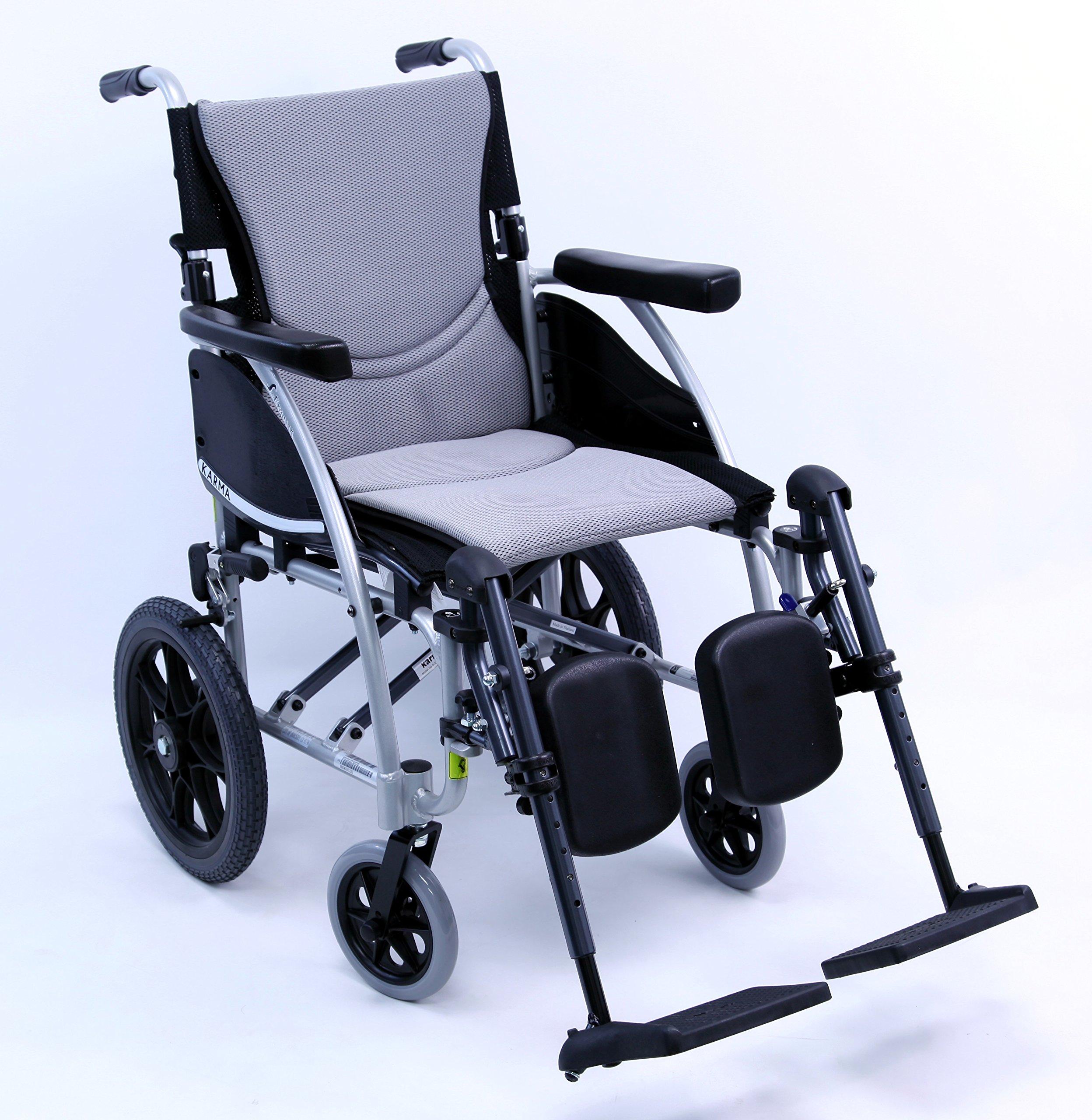 Karman Healthcare Karman S-Ergo 115 18" X 17" seat Ergonomic Transport Wheelchair with Wire Break and Swing Away Footrest in Silver and Free Silver Wheelchair Seatbelt & Black Bottle Holder!