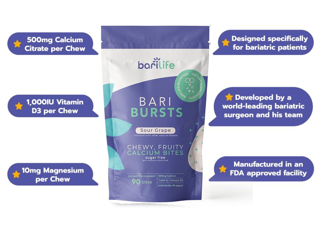 Bari Life Calcium Citrate Bariatric Calcium Chews with 1000 IU Vitamin D3 - Ideal for Bariatric Patients - BariBurst by Bari Life (Sour Grape)