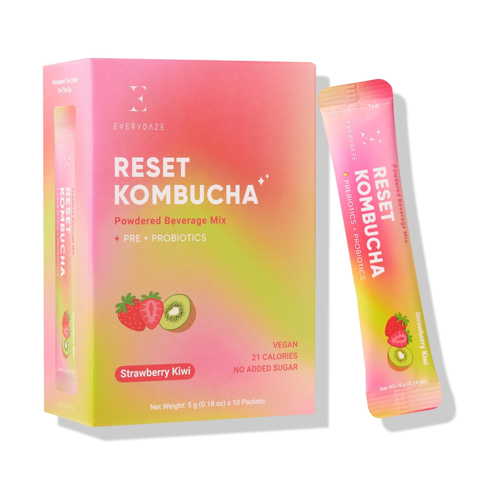 E EVERYDAZE Everydaze Reset Kombucha Tea Powdered Beverage Mix | 10 Sticks | Prebiotics + Probiotics | Vegan | No Added Sugar, Gluten Free, Sparkling Powder Drink Pack (Strawberry Kiwi)