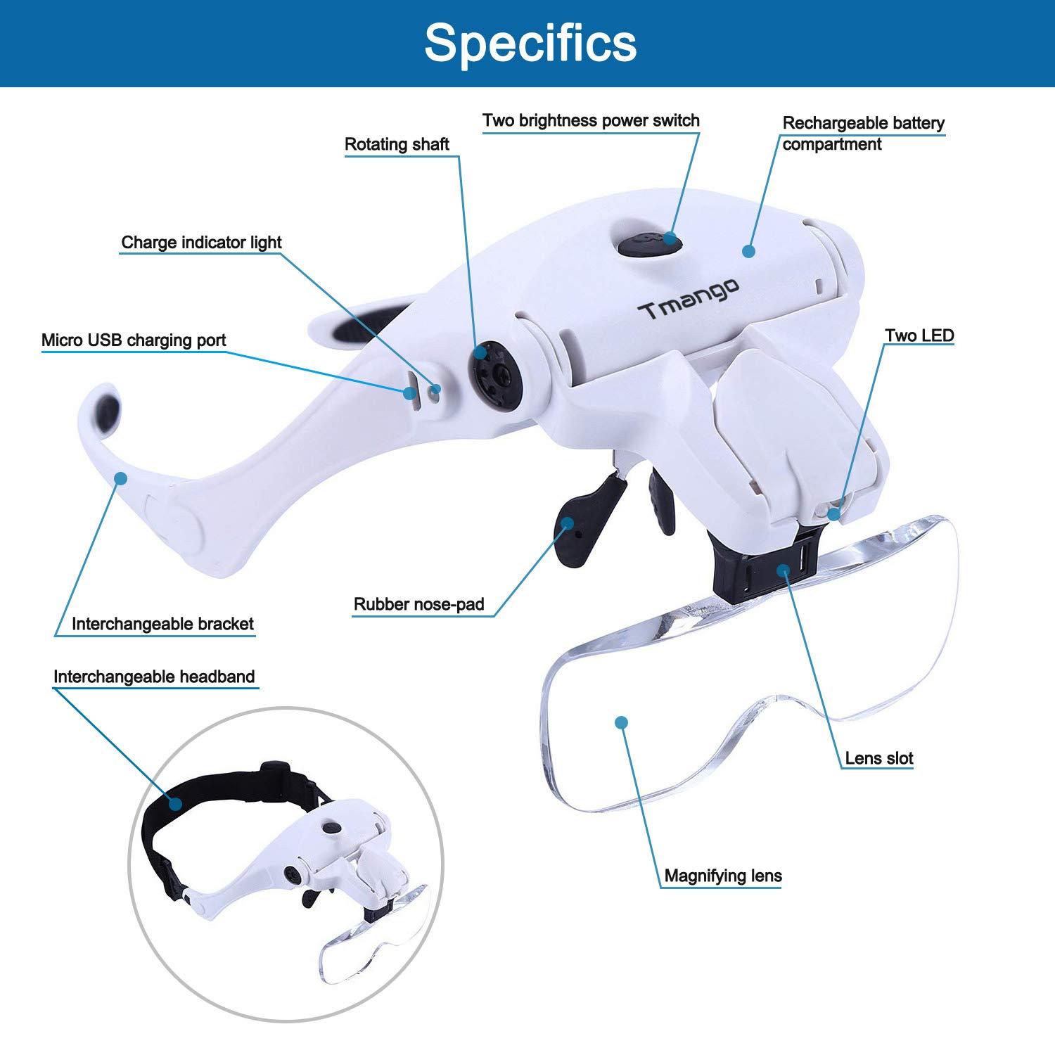 Tmango TMANGO Magnifying Glasses with Light for Close Work, Rechargeable and Hands Free Headband Magnifier, Optivisor for Jewelers, Eyelash, Watch Repair or Cross Stitch