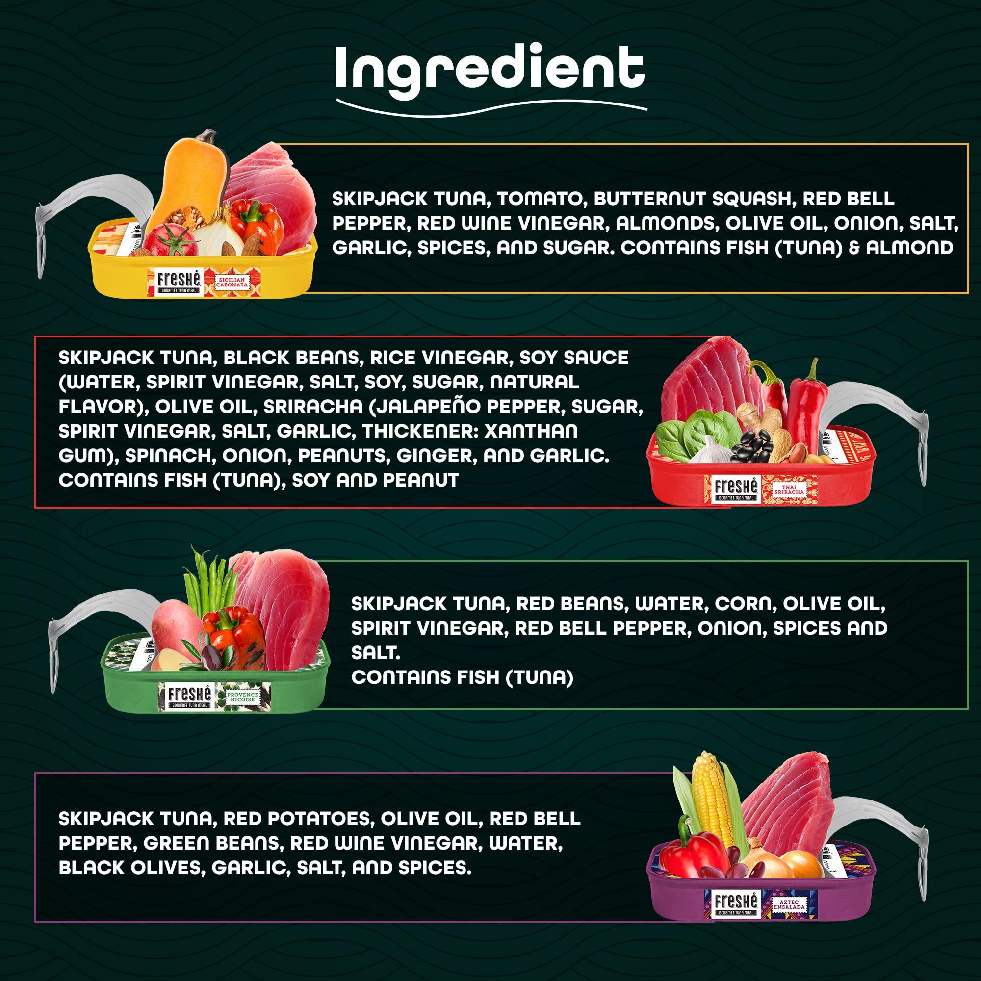 Freshé Fresh Gourmet Canned Tuna Variety Pack (4 Pack) Healthy High-Protein Skipjack Fish & Ready-to-Eat Meal  All-Natural, Non-GMO, Wild-Caught Tuna  Gluten Free Diet Friendly