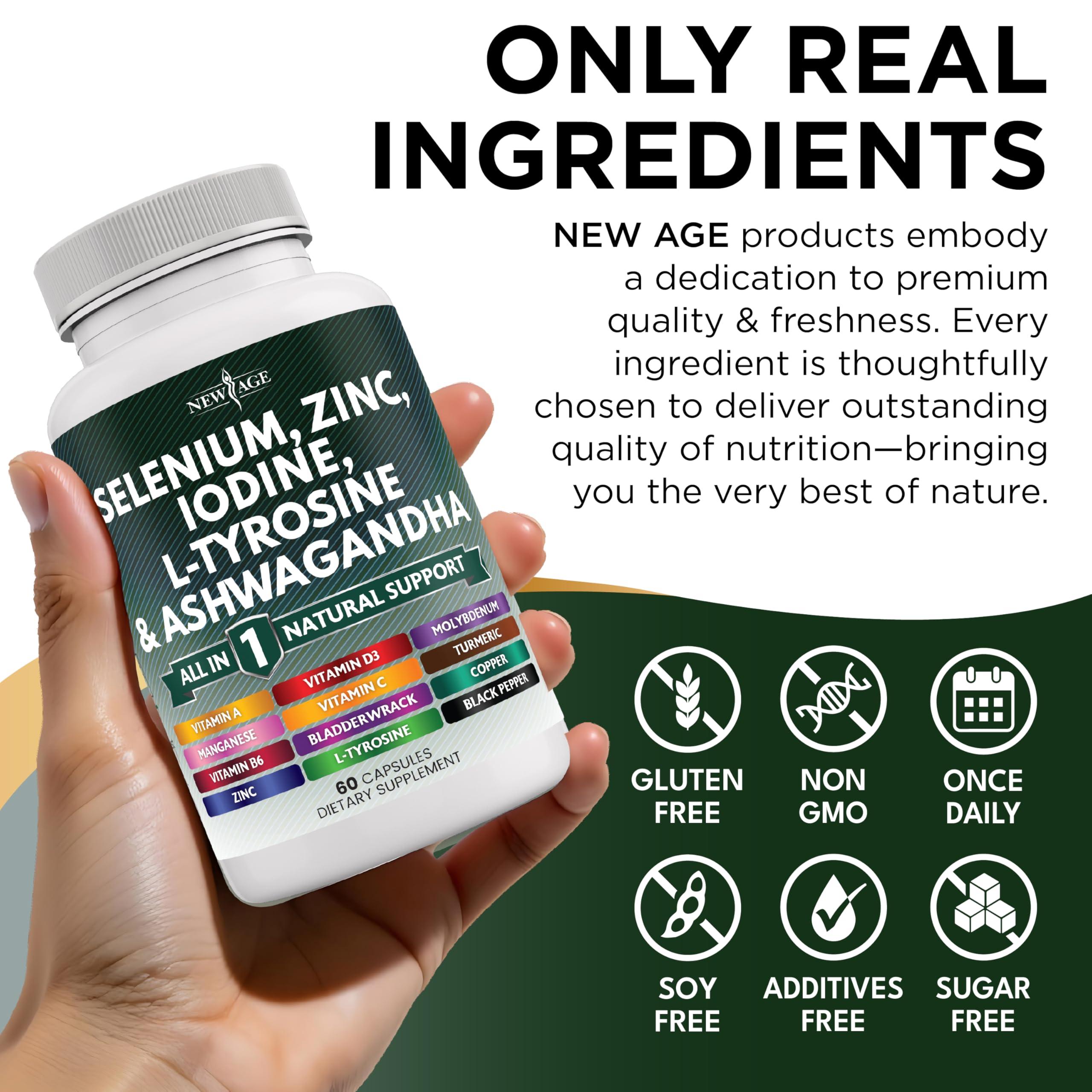 NEW AGE Selenium, Zinc, Iodine, L Tyrosine, Ashwagandha - Thyroid Support Supplement for Women and Men with Bladderwrack, Turmeric, Silica Kelp, Schisandra - 60 Count