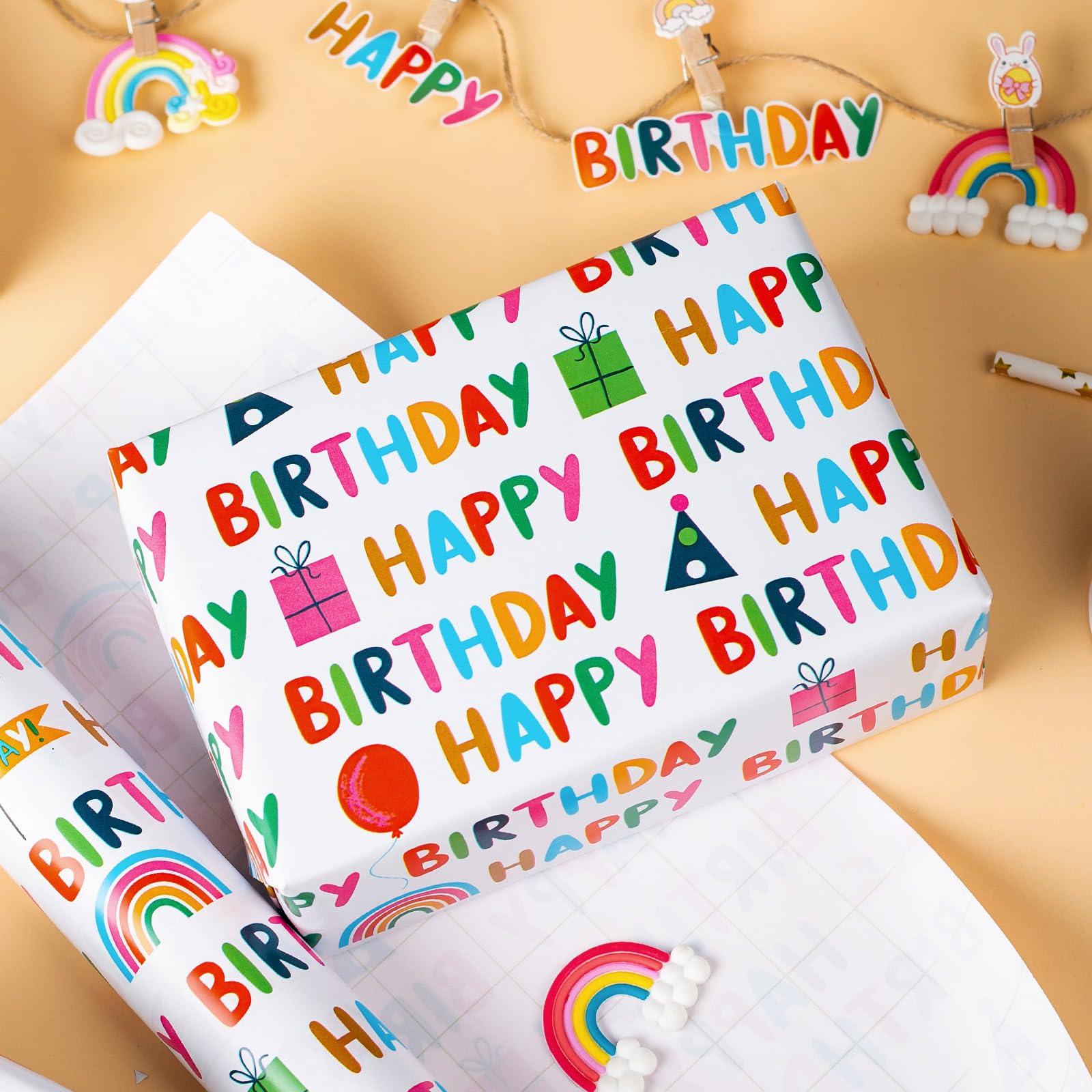 MAYPLUSS MAYPLUSS Birthday Mini Wrapping Paper Roll-46.8sqft. White with Colorful Happy Birthday Lettering, Gift Box for Birthday, Baby Shower, Party-17in x 33ft