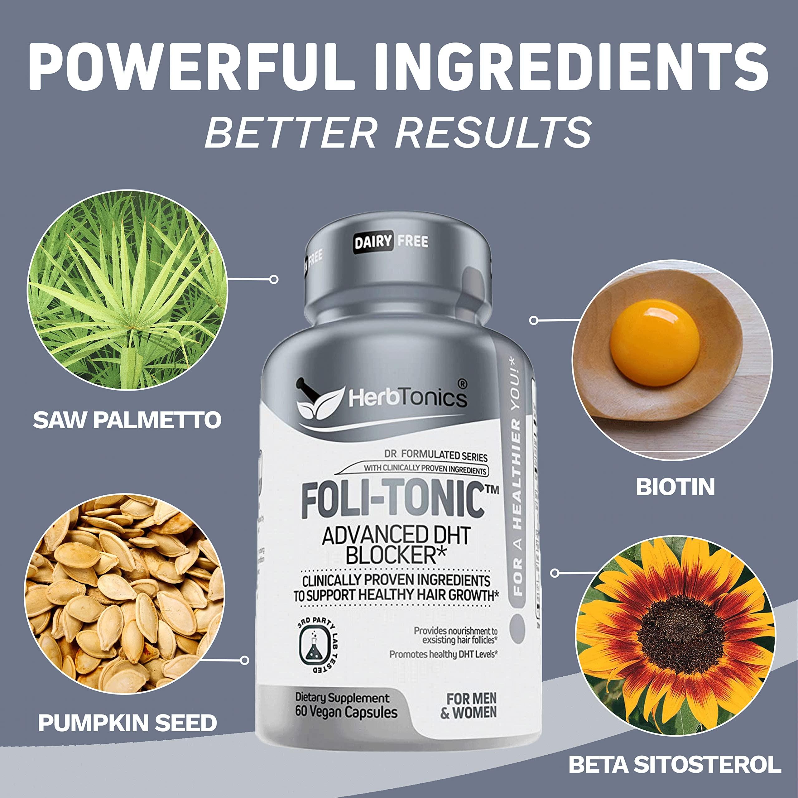 Herbtonics Foli-Tonic DHT Blocker & Hair Loss Supplement | Hair Thinning Treatment & Promotes Healthy Thicker Hair Growth - Prostate Support Supplement for Men\'s Health - Saw Palmetto & Beta Sitosterol Formula