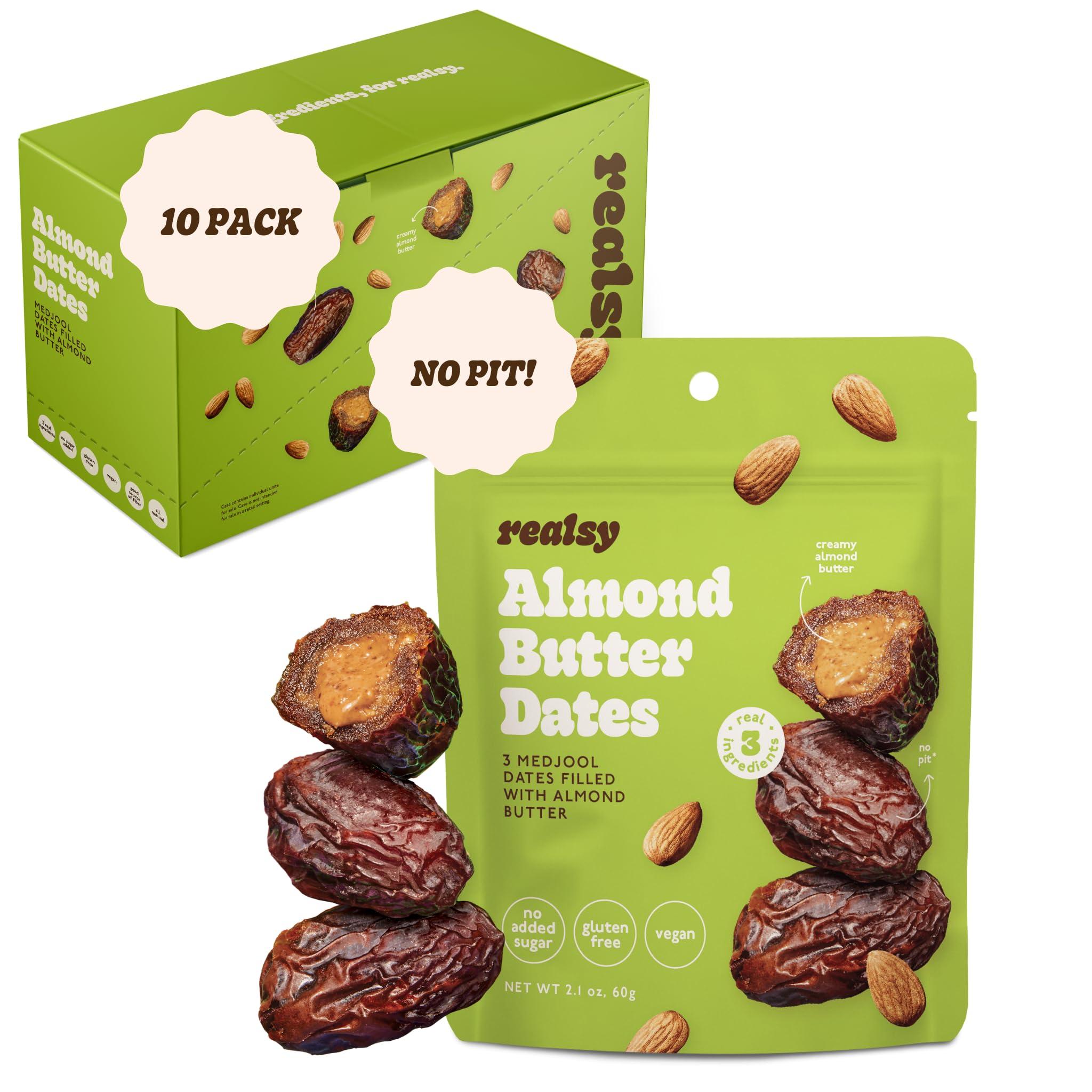 realsy Realsy Almond Butter Filled Medjool Dates, Organic Dates with No Sugar Added, Gluten-Free, Vegan, Good Source of Fiber, Low Glycemic Index, All Natural Healthy Snack, (10 Pack)