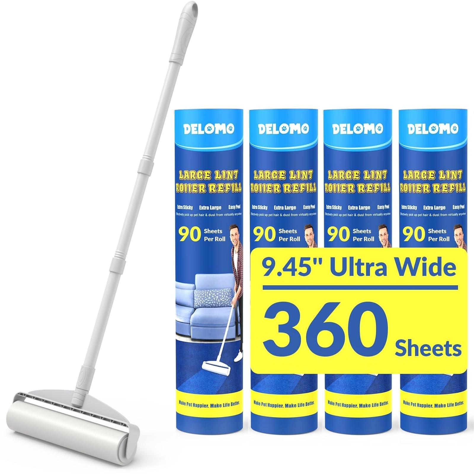 DELOMO Large Lint Rollers for Carpet, Sticky Rollers for Floor DELOMO 9.45 in with 3 Extendable Handle,Long Handle Sticky Mop for Cleaning Carpets, Cars, Clothing, and Pet Hair