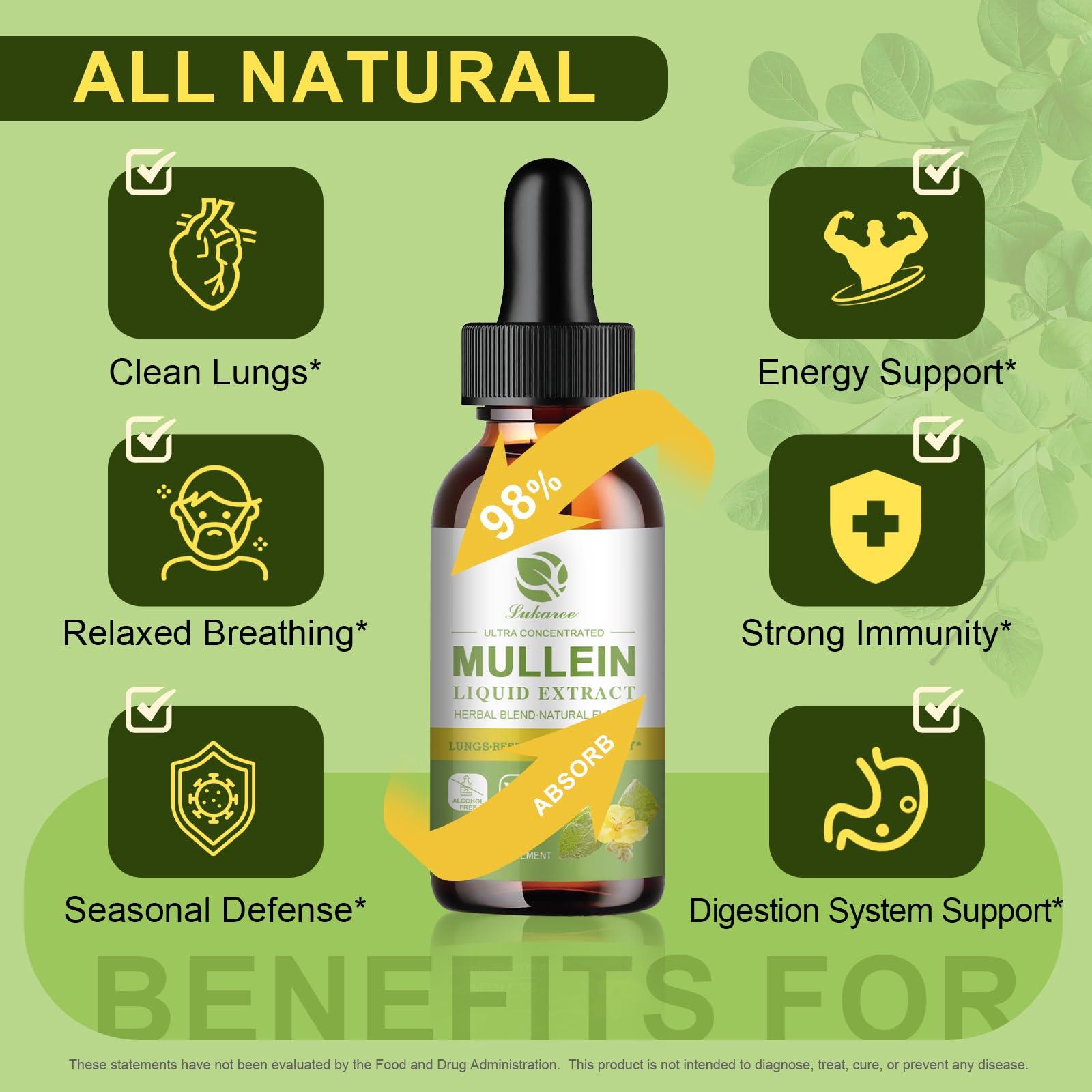 Lukaree Mullein Drops for Lungs, Lung Detox & Cleanse, Vegan Mullein Leaf Extract Tincture with Chlorophyll Elderberry, etc, Natural Herbal Supplement for Respiratory, Immune, 30 Servings