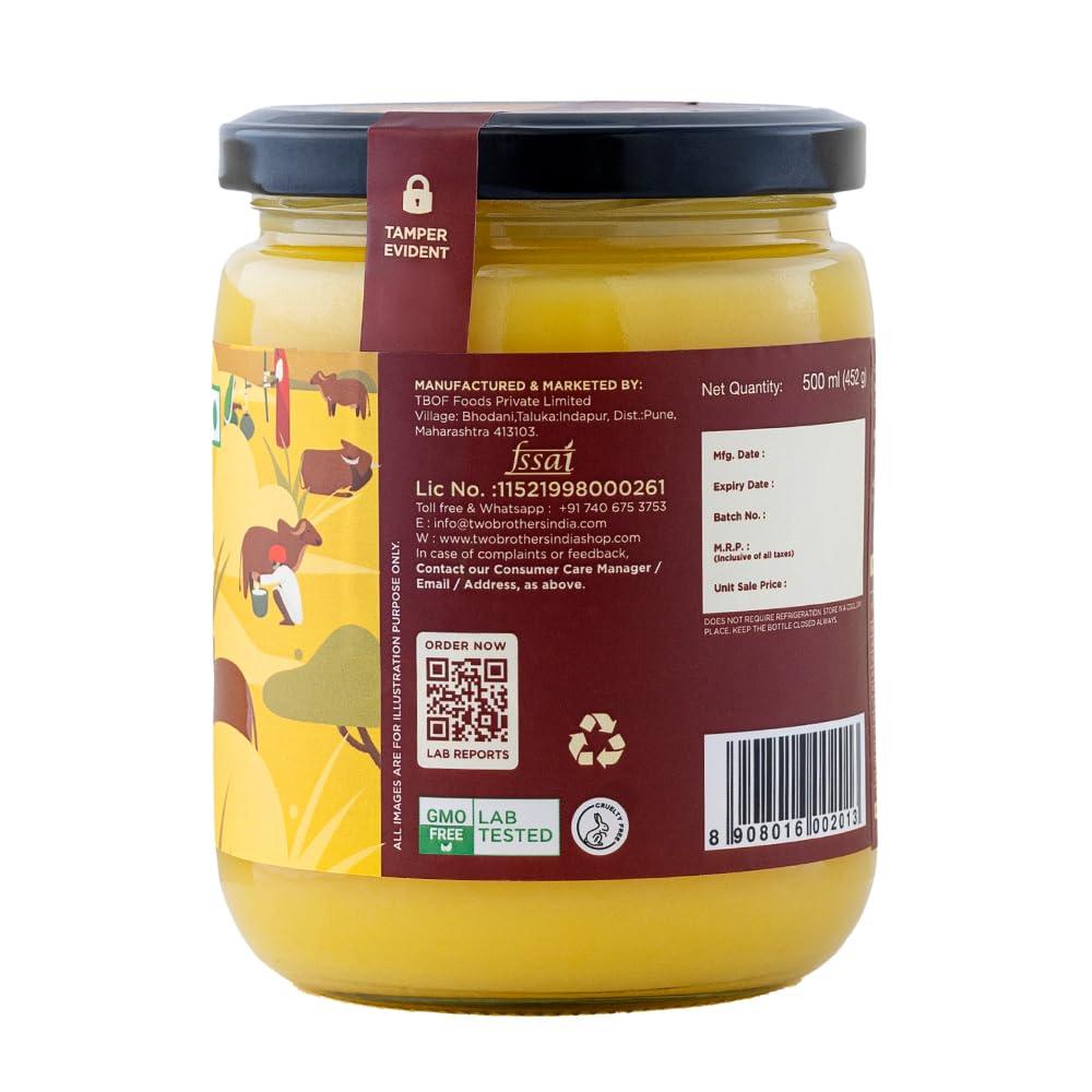 AMOREARTH - NATURAL.HEALTHY.FRESH Two Brothers Organic Farms - Grass Fed A2 Ghee 16 Fl Oz (500ml) | Clarified Butter | Cultured, Desi Gir Cow Ghee | Pasture Raised on Certified Organic Farm | Non-GMO, Lactose-Free, Keto Friendly | Made from Whole Curds in Small Batches | Glass Jar