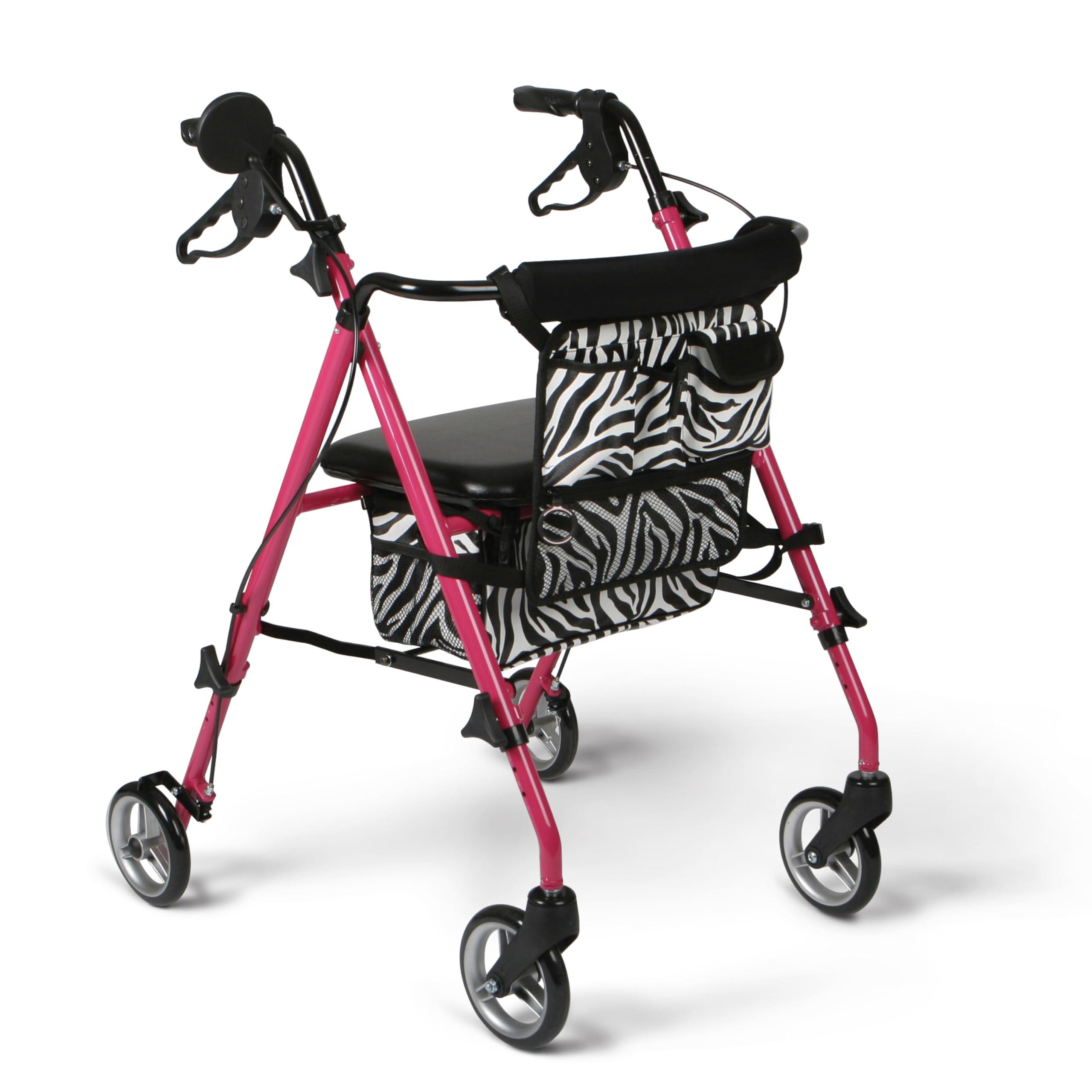 Medline Medline Posh Premium Lightweight, Foldable, Aluminum Rollator Walker with Wheels, Water Resistant, Zebra Print Bag, Pink, 6 Inch