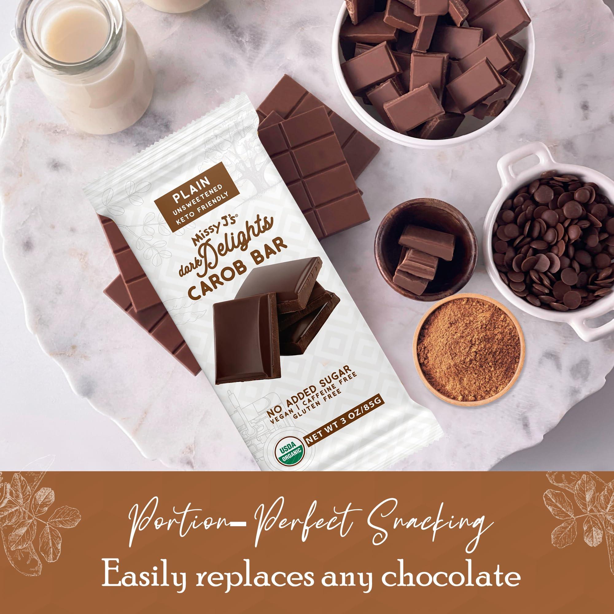 Missy J\'s Missy J\'s Organic Carob Dark Delights Unsweetened Plain Candy Bar 3 Oz 6 Pack, Vegan, Gluten and Caffeine Free, Healthy Substitute for Chocolate, Perfect for Snacks and Treats