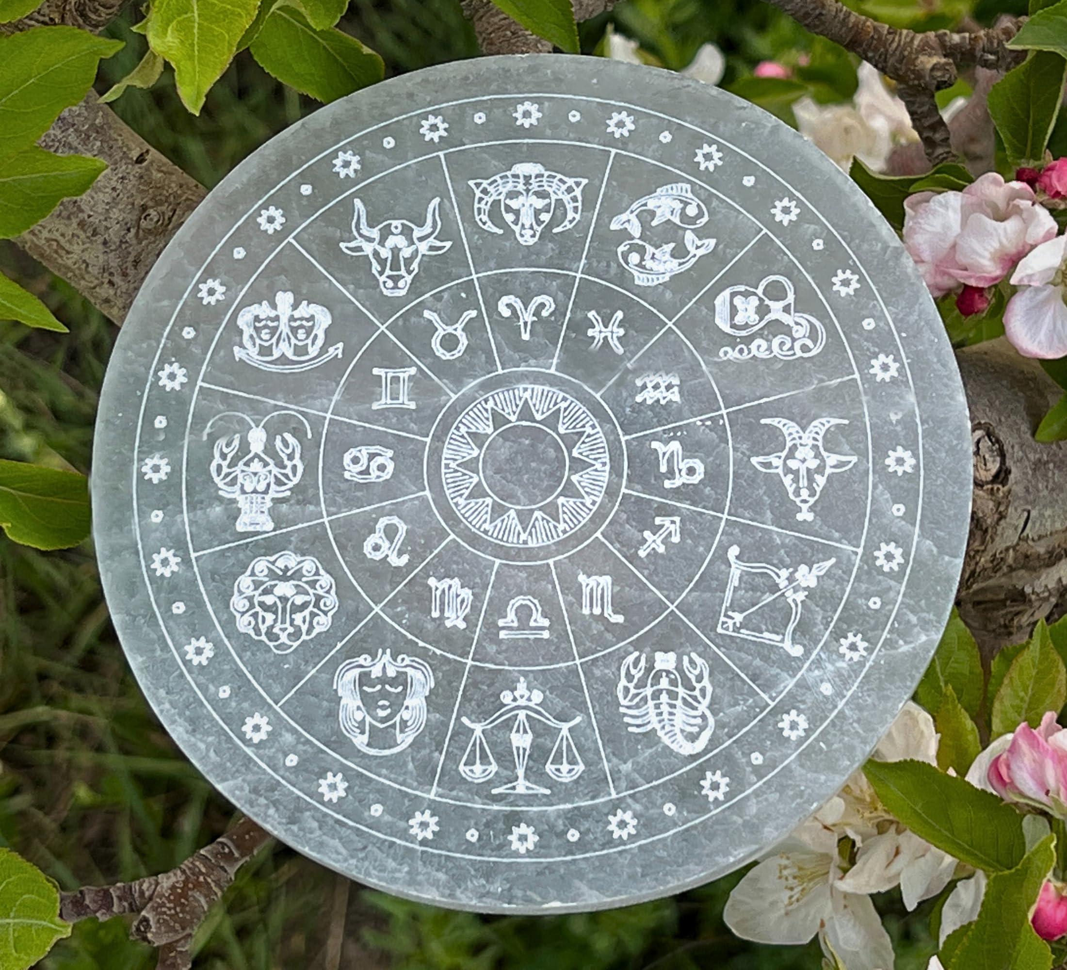 Xen Minerals Xen Minerals Selenite Disk with Zodiac Engraving Crystal Jewelry Charging Plate Tray Coaster Stone, scrying Plates Board for Stones, Crystals Hecate Altar grids and Healing Wicca Slab Wiccan Plate
