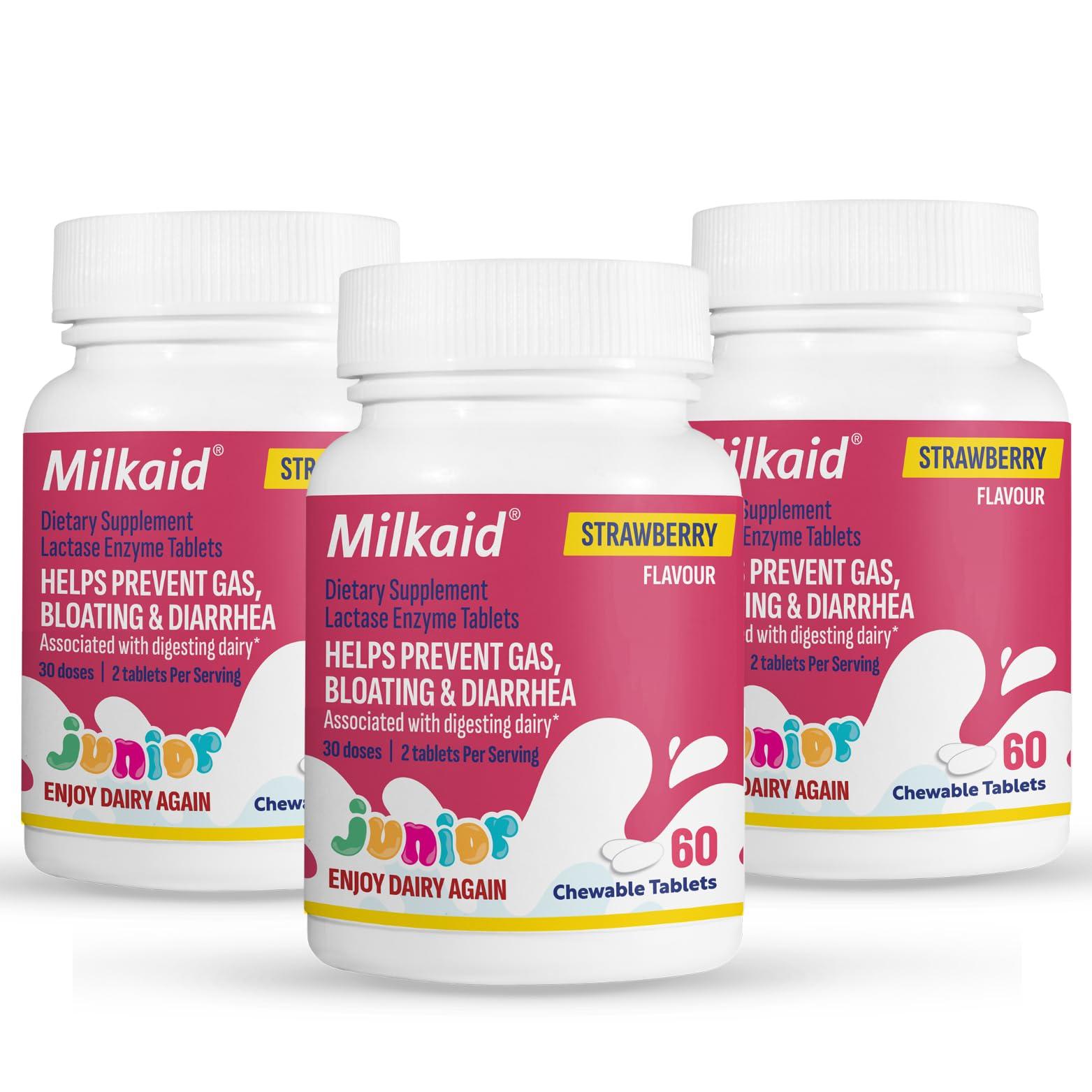 Milkaid Milkaid Junior Lactase Enzyme Chewable Tablets for Lactose Intolerance | Prevents Gas, Bloating, Diarrhea in Children| Fast Acting Dairy Digestive Supplement for Kids| Strawberry Flavor | 60 ct (3)