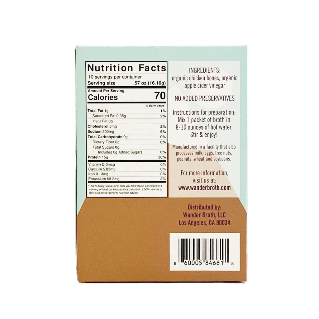 Wander Broth Freeze-Dried No Salt Added Organic Chicken Bone Broth, 10 Pack Box, 15g Protein, Paleo & Keto Friendly