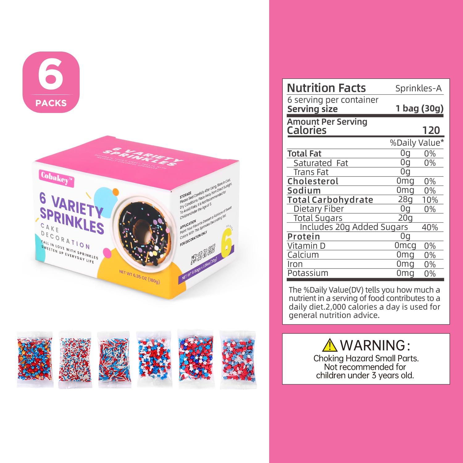 cobakey Edible Sprinkles Nonpareils Red White and Blue 4th of July for Cake Decorating Baking, Ice Cream, Cookies, Cupcake Topper (6 Packs)