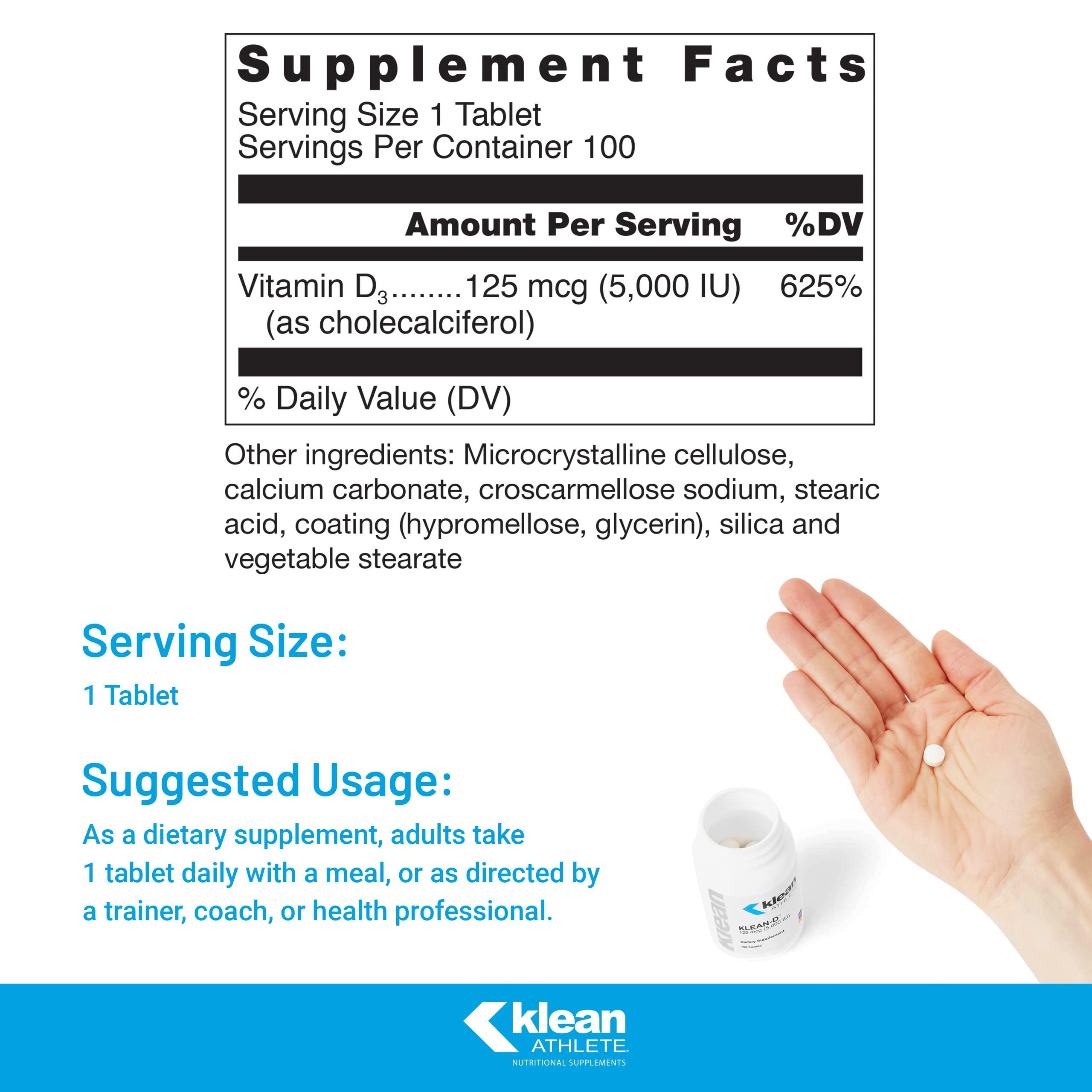 Klean ATHLETE Klean ATHLETE Klean-D | 5000 IU of Vitamin D3 to Support Immune Health, Muscle Recovery, Calcium Absorption, and Bone Strength | NSF Certified for Sport | 100 Tablets