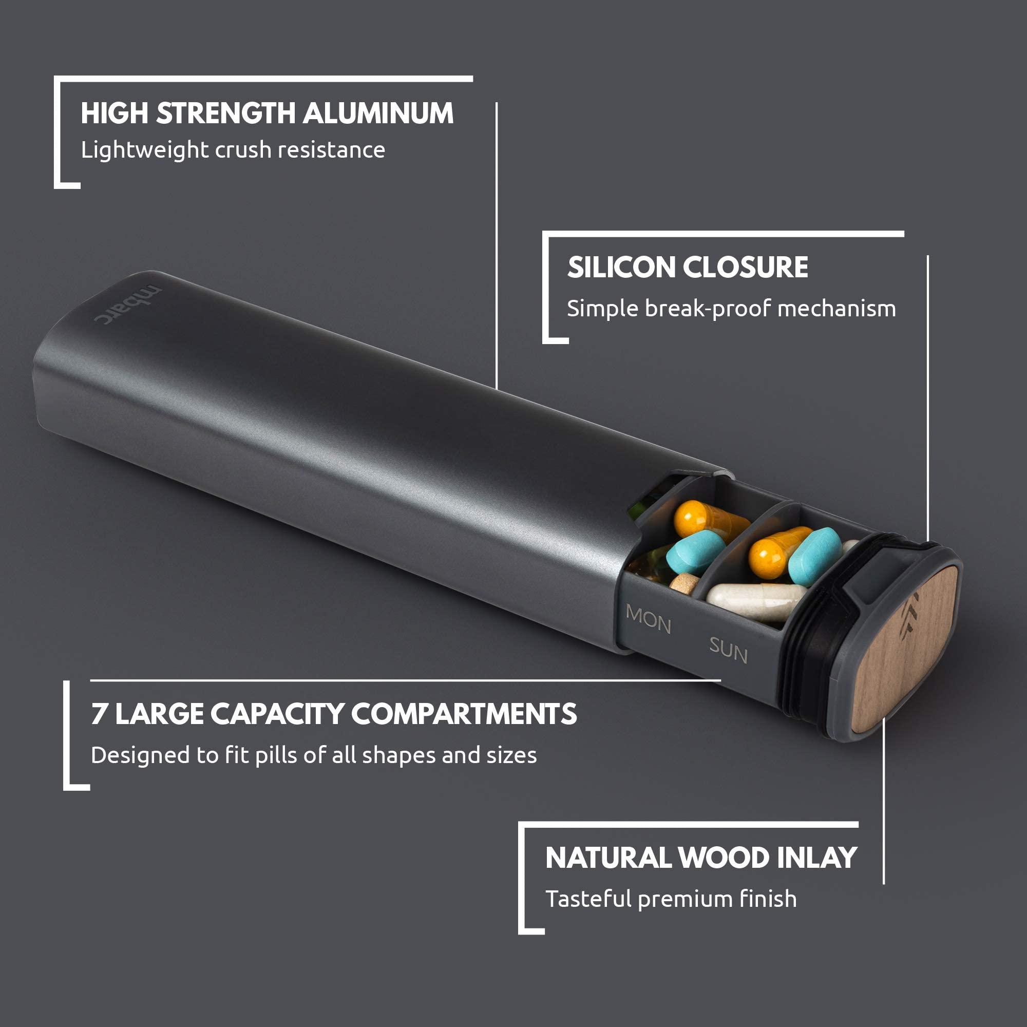 HIGHERHUMAN HigherHuman 7 Day Weekly Pill Organizer 2.0 by mbarc - Premium Stylish Aluminum and Wood Large Capacity Pill Box for Supplements, Pills, Vitamins and Medication. (Steel Grey)