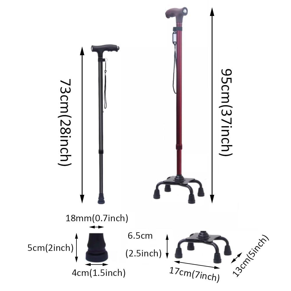 D Ger Store Quad Cane with with 4-Pronged Base, Adjustable Height Walking Stick, Load Capacity 220 lbs (Color : Black, Size : 73-95cm/28-37inch)
