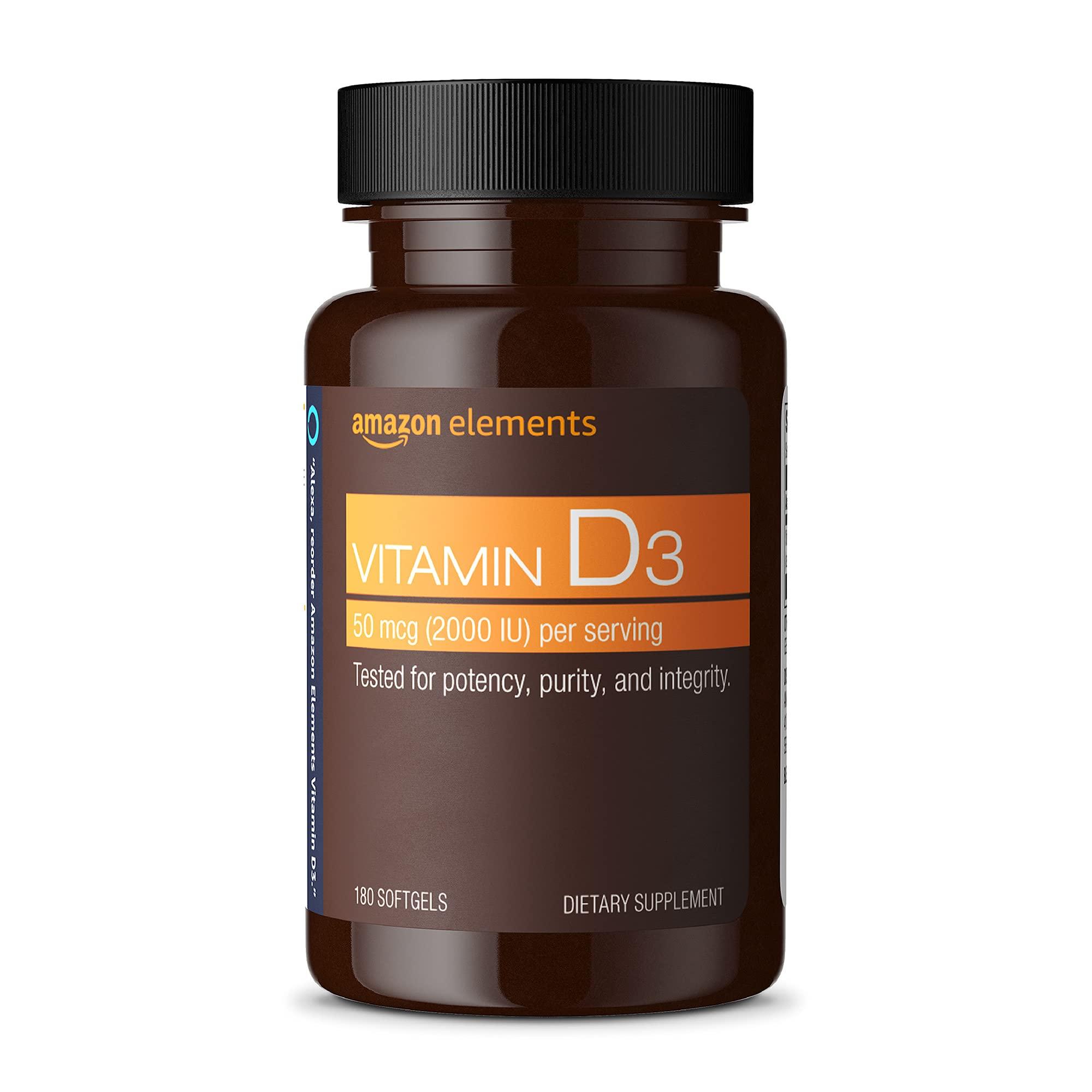 Amazon Elements Amazon Elements Vitamin D3, 2000 IU, 180 Softgels, 6 month supply (Packaging may vary), Supports Strong Bones and Immune Health