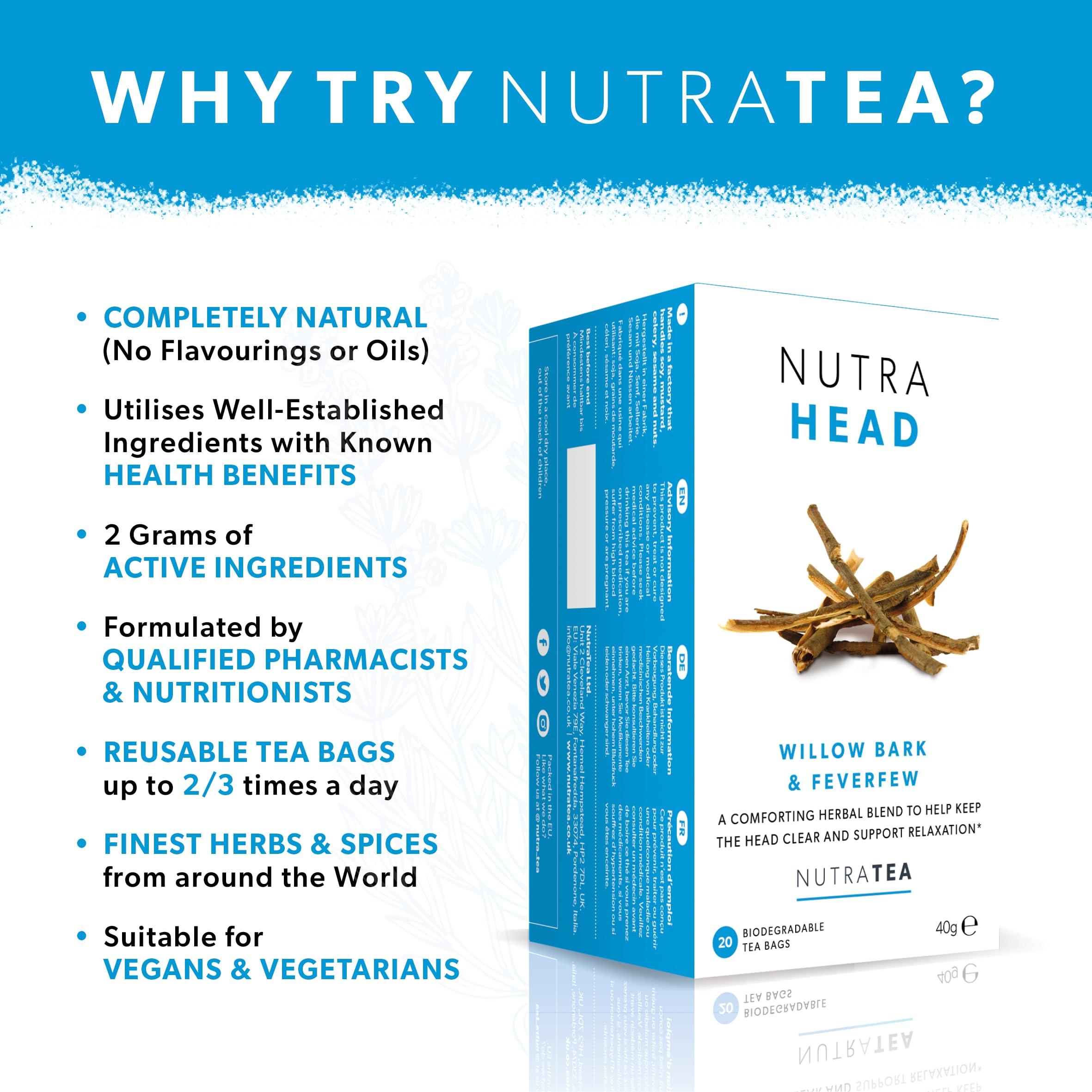 Nutra Tea NUTRAHEAD - Migraine Relief Tea | Headache Relief Tea - For Migraine & Tension Headache Relief - Includes Feverfew,Willow Bark & Rhodiola - 60 Enveloped Tea Bags - by Nutra Tea - Herbal Tea - (3 Pack)