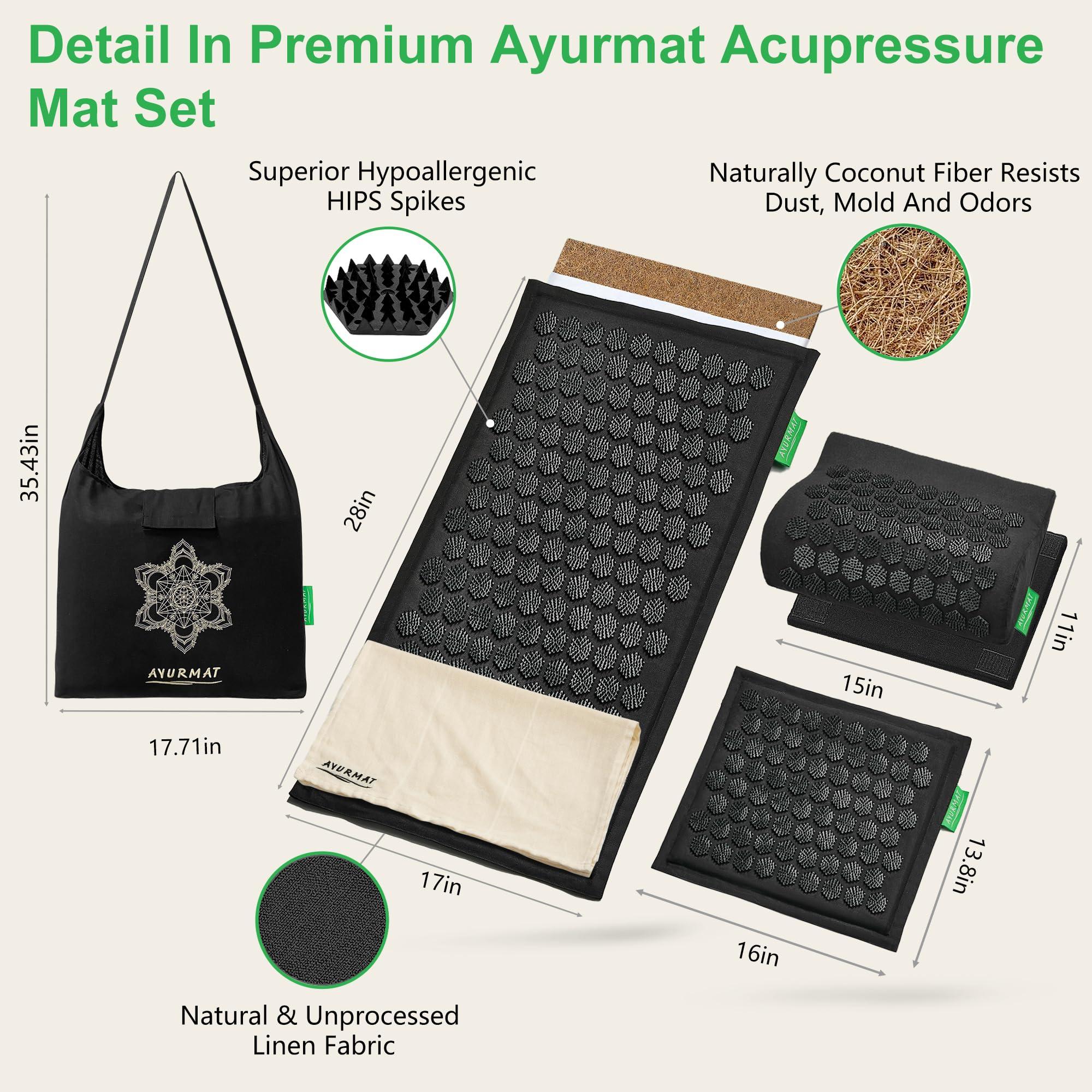 AyurMat Acupressure Mat and Pillow Set,Natural Eco-Friendly Linen & Coconut Fiber,Acupressure Mat FSA/HSA Eligible,Relieves Stress & Tension,with Carrying Bag,Full Body Pro Set(Black)