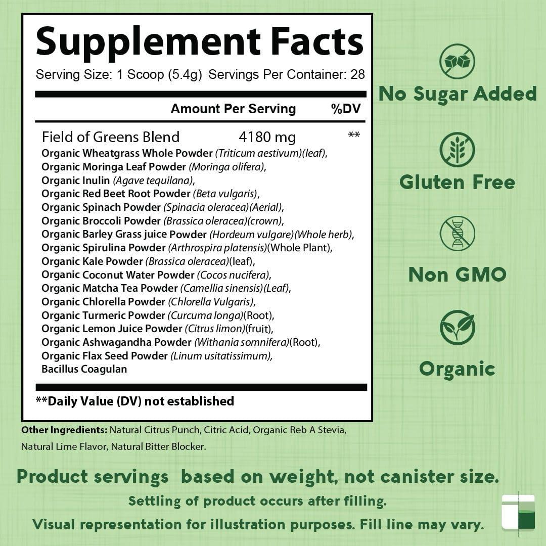 Just Ripe Nutrition Field of Greens Superfood Powder with Organic Spirulina, Chlorella, Beet Root Powder - Bacillus Coagulans Probiotic, A Plant-Based Mix Supporting Gut Health, Immunity, Bloom into Health, 28 scoops (4)