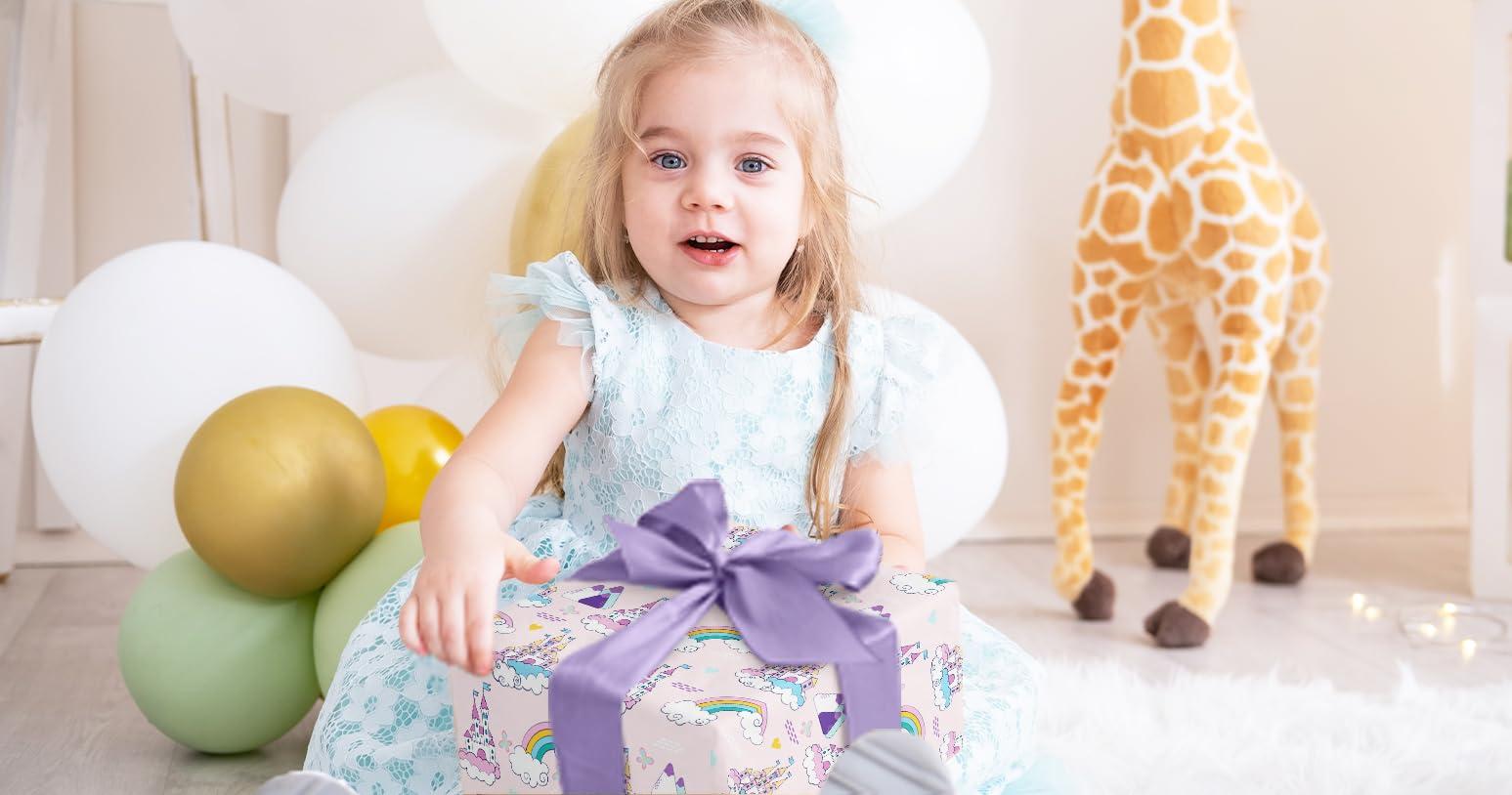 LeZakaa LeZakaa Unicorn Birthday Wrapping Paper Roll for Kids Girls Women, Purple Unicorn Wrapping Paper Rolls, Castle & Rainbow Gift Wrap for Birthday, Baby Shower Party Favor, 17 x 120 inches, 3 Rolls