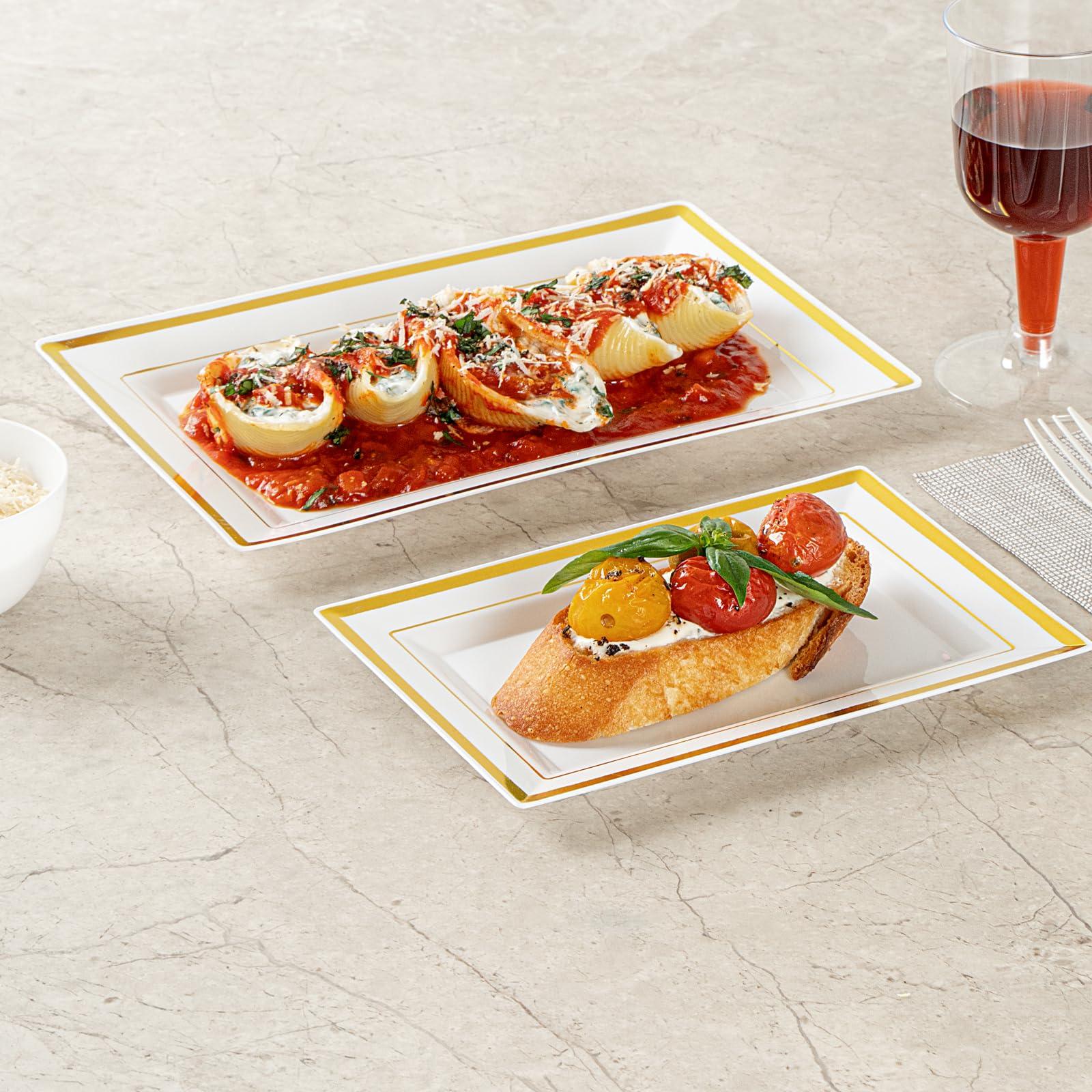 Restaurantware Restaurantware Moderna 7.5 x 5.3 Inch Premium Disposable Plates 10 Rectangular Plastic Plates For Parties - Gold-Rimmed Durable White Plastic Dinner Plates For Warm And Cold Foods