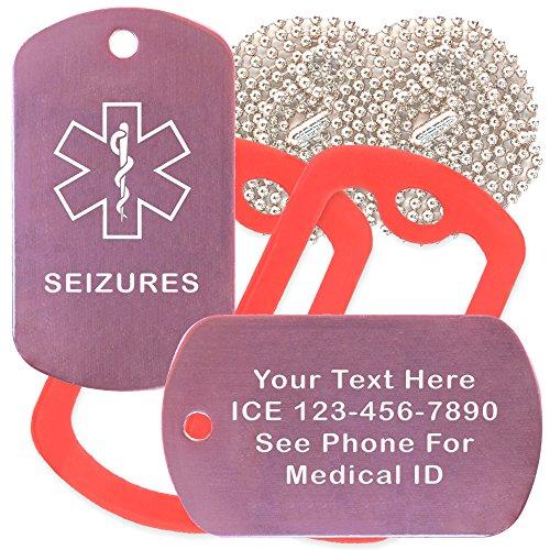 Goods For Giving Custom 2 Pack - Seizures Medical Alert ID Necklaces with Pink Custom Tags, Red Silencers, and 30'' USA Chains